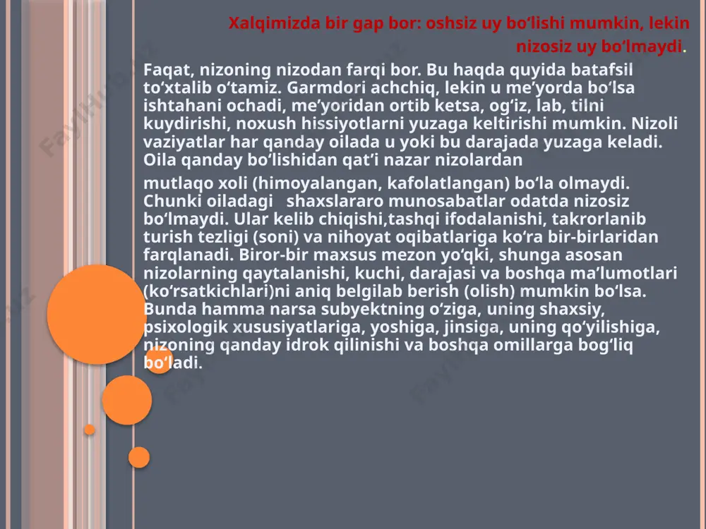 atlari mavjuddir. bu xususiyatlar oilalarning buzilishiga olib keladigan sabablar, ularning amalga oshish jarayoni, oqibatlari, ajralishgacha va undan keyingi davrlardagi er-xotinlarning ahvoli kabilarda ifodalanadi. ajralish va uning oqibatlari ajralishlarning o‘ziga xos ijtimoiy-psixologik va etnopsixologik xususiyatlari mavjuddir. bu xususiyatlar oilalarning buzilishiga olib keladigan sabablar, ularning amalga oshish jarayoni, oqibatlari, ajralishgacha va undan keyingi davrlardagi er-xotinlarning ahvoli kabilarda ifodalanadi. sharq oilalarida, ayniqsa o‘zbek va qishloq oilalarida ajralish tashabbuskori ko‘proq erkaklar bo‘ladilar va aksincha, yevropa xalqlari oilalarida, yosh oilalarda va urbanizatsiyalashuv darajasi yuqori bo‘lgan shahar oilalarida ajralish tashabbuskori ko‘proq ayollar bo‘ladi. yevropa xalqlariga mansub bo‘lgan yosh oilalarda ozodlik quyidagi formula tarzida bo‘lishi mumkin. ayollar uchun: ajralish = ozodlik + bola + aliment uy + yolg‘iz onalarga beriladigan imtiyozlar + yangi oila qurish muammosi. erkaklar uchun: ajralish = ozodlik bola aliment uy + yangi oila qurish imkoniyati. agar ajralishlarning ayol va erkakka ko‘rsatadigan asosiy ta’sirlarini sanaydigan bo‘lsak, ular quyidagicha bo‘ladi: jamiyat uchun — noto‘liq oilalar …