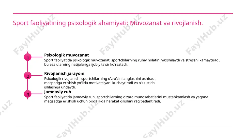 ri o'rtasidagi bog'liqlik aniqlanadi, bu natijalarni yaxshilashga yordam beradi. kelajak istiqbollari o'zbek sportida psixodiagnostika usullarining rivojlanishi, sportchilarni ruhiy tayyorgarlikda yanada samarali qilish uchun yangi imkoniyatlar yaratadi. o'zbek sport madaniyatida ruhiy salomatlik: tarixiy va zamonaviy nuqtai nazar. 01 tarixiy kontekst o'zbek sport madaniyatida ruhiy salomatlik qadimdan muhim ahamiyatga ega bo'lgan. tarixiy manbalar, sportchilarni ruhiy jihatdan tayyorlashni ko'rsatadi. 02 zamonaviy yondashuv bugungi kunda o'zbekistonda ruhiy salomatlik, sport faoliyatida muvaffaqiyat uchun muhim omil sifatida tan olinmoqda. psixologik ko'makning roli ortmoqda. 03 ijtimoiy ta'sir o'zbek sport madaniyatida ruhiy salomatlik ijtimoiy omillar bilan chambarchas bog'liq. oila va jamiyat sportchilarning ruhiy holatiga ta'sir qiladi. sport faoliyatida ruhiy salomatlikni saqlash va rivojlantirish usullari. 1 ruhiy salomatlikni saqlash - sportchilarda ruhiy salomatlikni saqlash uchun muntazam mashg'ulotlar, dam olish va stressni boshqarish usullari muhim ahamiyatga ega. 2 rivojlantirish strategiyalari - sportchilar ruhiy salomatliklarini rivojlantirish uchun psixologik tayyorgarlik, pozitiv fikrlash va motivatsiya strategiyalaridan foydalanishlari lozim. 3 o'zbek sport madaniyati - …