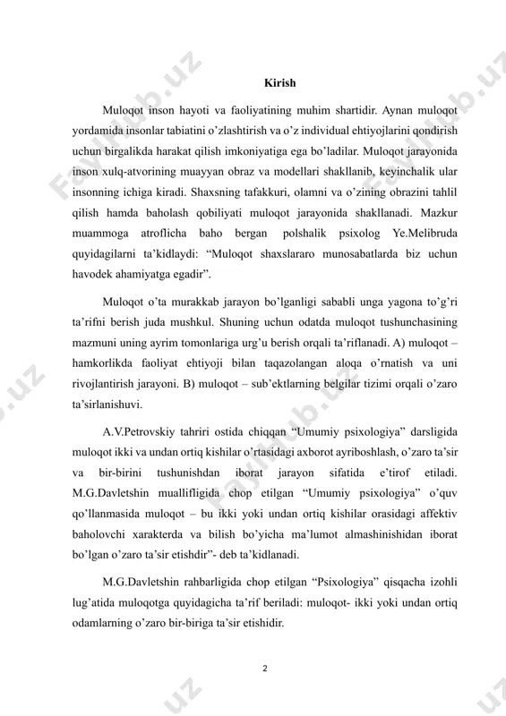riflarga muvofiq muloqotga umumiy tarzda quyidagicha ta’rif berish mumkin: muloqot – kamida ikki kishining o’zaro ta’sir jarayoni bo’lib, bu ta’sir davomida axborot almashinadi, munosabat o’rnatiladi, rivojlantiriladi. muloqot tushunchasini kommunikasiya tushunchasidan farqlash lozim. kommunikasiya-tirik va o’lik tabiatdagi tizimlar o’rtasida axborot almashinuvini anglatadi. hayvonlar o’rtasidagi signallar almashinuvi, insonning texnik vositalar bilan aloqa qilishi, bularning barchasi kommunikasiyaga misol bo’ladi. muloqot faqat insonlar o’rtasida amalga oshirilishi mumkin. muloqotning inson hayotidagi ahamiyati beqiyosdir. inson bolasi aynan boshqalar bilan muloqotda, munosabatda bo’lish jarayonida shaxsga aylanib boradi. muloqot orqali inson ijtimoiy tajriba va madaniyatni egallab boradi. yangi tug’ilgan inson boshqalar bilan muloqotda bo’lish imkoniyatidan mahrum bo’lsa, u hech qachon shaxsga aylana olmaydi, ya’ni u o’z psixik taraqqiyoti bo’yicha orqada qolib ketadi. zero, inson psixik taraqqiyoti muloqotdan boshlanadi. muloqotsiz insoniyat jamiyati bo’lishi mumkin emas. aynan muloqot hamkorlikda faoliyat yurituvchi individlar jamoasini shakllantiradi. hamkorlikdagi faoliyat rejasini tuzish va uni ruyobga chiqarish uchun individlar o’rtasida muloqot amalga oshirilishi shart. muloqot …