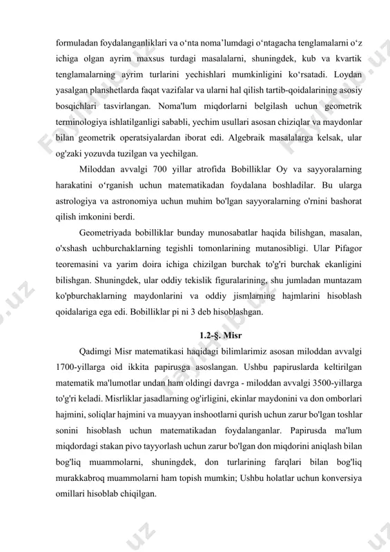 ari hajmini, soliqlar hajmini va muayyan inshootlarni qurish uchun zarur bo'lgan toshlar sonini hisoblash uchun matematikadan foydalanganlar. papirusda ma'lum miqdordagi stakan pivo tayyorlash uchun zarur bo'lgan don miqdorini aniqlash bilan bog'liq muammolarni, shuningdek, don turlarining farqlari bilan bog'liq murakkabroq muammolarni ham topish mumkin; ushbu holatlar uchun konversiya omillari hisoblab chiqilgan. ammo matematikani qo'llashning asosiy sohasi astronomiya, aniqrog'i taqvim bilan bog'liq hisob-kitoblar edi. taqvim diniy bayramlar sanalarini aniqlash va nil daryosining har yili suv bosishini bashorat qilish uchun ishlatilgan. biroq, qadimgi misrda astronomiyaning rivojlanish darajasi uning bobildagi rivojlanish darajasidan ancha past edi. qadimgi misr yozuvi ierogliflarga asoslangan edi. o'sha davrdagi sanoq tizimi ham bobilnikidan past edi. misrliklar pozitsion bo'lmagan o'nli tizimdan foydalanganlar, unda 1 dan 9 gacha raqamlar mos keladigan vertikal chiziqlar soni bilan ko'rsatilgan va 10 raqamining ketma-ket vakolatlari uchun individual belgilar kiritilgan. ushbu belgilarni ketma-ket birlashtirib, istalgan raqamni yozish mumkin edi. papirusning paydo bo'lishi bilan ieratik kursiv yozuv paydo …