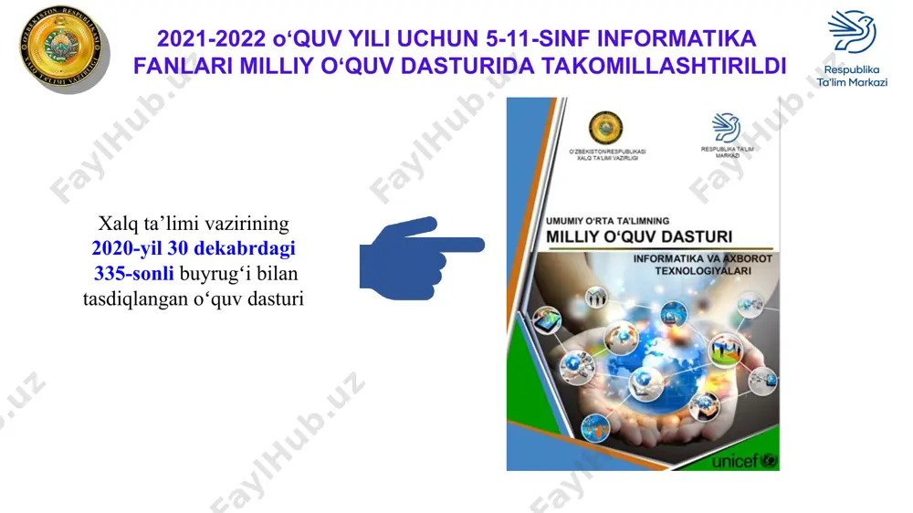 lash asoslari 11-dars. axborot texnologiyalari 12-dars. axborotli olam muammolari va internet 13-dars. internetda ishlashni ta’minlovchi dasturlar 14-dars. internetda ma’lumotlarni izlash 15-dars. elektron pochta 16-dars. axborotlarni himoyalash va antiviruslar haqida 17-dars. takrorlashga doir topshiriqlar asosiy atamalar izohi 7-sinf (34 soat) i bob. kompyuterda axborotning tasvirlanishi(9). kompyuterda axborotni tasvirlanishi, sanoq sistemalari, bir sanq sistemasidan boshqasiga о‘tkazish, turli sanoq sistemalarida arifmetik amallar, axborot hajmi, matnli, grafik, audio va video axborotlarni kodlash. ii bob. grafik axborotlarni qayta ishlash(9). kompyuter grafikasi, ranglar va grafik formatlar, grafik dasturlar va ularning imkoniyatlari, photoshop dasturi, interfeysi, uskunalar paneli,rasm sohasini belgilash, kesib olish va rang berish, qatlamlar bilan ishlash, matnlar bilan ishlash, veb sahifa grafik dizaynini hosil qilish. iii bob. animatsiyalar yaratish texnologiyasi(8) animatsiya tushunchasi, animatsiya dasturlari va imkoniyatlari, animate animatsion dastur interfeysi, uskunalar paneli, tasvirlar yaratish va tahrirlash, qatlamlar bilan ishlash, turli animatsiyalar yaratish iv bob. web texnologiya va html tili(8) veb texnologiya asoslari. html tili, veb sahifa …