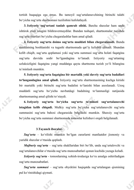 rta turi shartlariga mos ravishda ularning o‘zaro majburiyatlarini tartibga soluvchi kelishuv (huquqiy bitm). sug‘urta limiti – moddiy qiymatliklar va sug‘urtaviy mas’uliyatlarni sug‘urtalash mumkin bo‘lgan maksimal pul summasi. sug‘urta himoyasi – konkret obyekt tomonidan ko‘rilgan zararni bartaraf qilish yoki qoplash bo‘yicha munosabatlar. sug‘urtalovchi – sug‘urtani amalga oshiruvchi ixtisoslashtirilgan tashkilot. sug‘urta qildiruvchi – sug‘urta badallarini to‘lovchi va konkret sug‘urta munosabatlarida qatnashuvchi jismoniy yoki yuridik shaxs. sug‘urtalanuvchi – hayoti, sog‘ligi yoki mehnatga layoqati sug‘urta obyekti bo‘lgan shaxs. sug‘urta mas’uliyati – sug‘urtalovchining sug‘urta holatlari ro‘y berganda sug‘urta qoplamalari yoki sug‘urta summalarini to‘lash bo‘yicha majburiyati. sug‘urta guvohnomasi (polisi) – sug‘urta amalga oshirilganligini tasdiqlovchi hujjat. sug‘urta tarifi – sug‘urta summasiga nisbatan foiz stavkasi. sug‘urta badali (mukofoti) – sug‘urta summasiga nisbatan belgilangan sug‘urta tarifi bo‘yicha pul to‘lovi. sug‘urta muddati – sug‘urta obyektining sug‘urtalangan davri. sug‘urta holati – sug‘urta qoplamasi yoki sug‘urta summasi to‘lanishi kerak bo‘lgan turli salbiy va boshqa kelishilgan oqibatlarga olib keluvchi haqiqatda sodir bo‘lgan holatlar. …