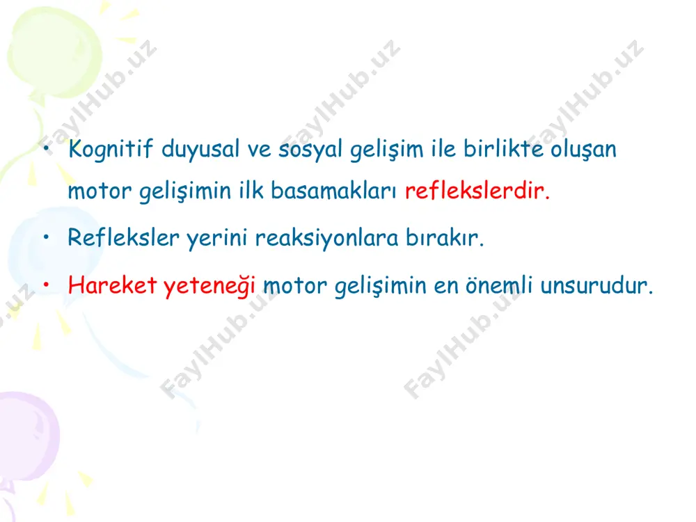 igravite fleksör kontrol ortaya çıkar 5 ay • oturmada bebek kalçalardan itibaren öne doğru bükülür. alt ekstremitelerde görülen abduksiyon stabilite için önemlidir. • oturmaya doğru çekildiğinde doğrulmaya çalışabilir. bunu kuvvetli diz ekstansiyonu ve ayak bileği plantar fleksiyonu ile gerçekleştirebilir. 6 ay • oturma pozisyonunda başını graviteye karşı her yönde rahatlıkla tutar. • baş ve boyunda başlayan ekstansiyon aşağı doğru inmeye başlar • ekstansiyonun son aşaması bacaklar rölatif olarak adduksiyonda olur ise meydana gelir. çünkü biyomekanik olarak abduksiyon ve external rotasyondaki bir kalçada ekstansiyon yapmak güçtür. • yüzüstü pozisyonda dirseklerini ekstansiyona getirebilecek kadar omuz kuşağı kontrolü vardır ve bir eli ile öne doğru uzanabilir. 6 ay • prone pozisyonda; – ağırlık aktarma ile birlikte baş ve gövdede düzeltme reaksiyonları görülür – alt ve üst ekstremite ayrı ayrı hareket edebilir. supine; fleksiyon kontrol kuvvetlenmeye devam eder ayaklar yukarı doğru kaldırılabilir ve orta hatta ayakları ile oynar 6 ay • segmental dönme; – …