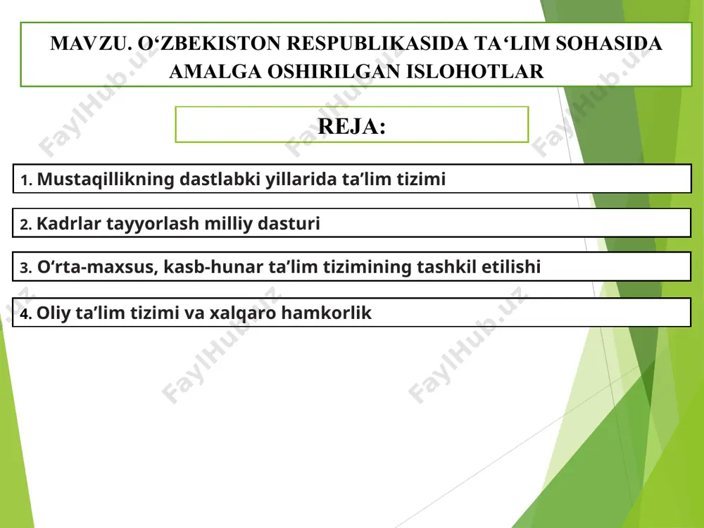etildi. 1996- yildan ta’lim olishda shartnoma to‘lovi joriy etildi 1997-yilgi «talim to‘g‘risida»gi qonunga muvofiq 5 yillik oliy ta’limdan 4 yillik bakalavriat va 2 yillik magistratura bosqichlaridan iborat ikki pog‘onali tizimga o‘tildi mustaqillik yillarida oliy ta’lim tizimida olib borilgan izchil islohotlar natijasida mamlakatimizda bir qator chet el universitetlarining filiallari ochildi 2012-yilga qadar aspirantura (3 yil) va doktarantura (3 yil)dan iborat bo‘lib, 2012–2017-yillarda bir bosqichli doktarantura faoliyat olib bordi. 2013–2017-yillar oralig‘ida faqat 360 ga yaqin tadqiqotchi doktorlik dissertatsiyasini himoya qilgan 2017-yilning 1- iyulidan boshlab oliy o‘quv yurtidan keyingi ta’limning ikki pog‘onali tizimi joriy etildi. birinchisi – dissertatsiya himoya qilish va tegishli fan tarmog‘i bo‘yicha falsafa doktori (phd) ilmiy darajasini berishni nazarda tutuvchi tayanch doktorantura va ikkinchisi – dissertatsiya himoya qilish va tegishli fan tarmog‘i bo‘yicha fan doktori (doctor of science) ilmiy darajasini berishni nazarda tutuvchi doktorantura tizimidir prezidentning 1992-yil martdagi farmoni bilan ilmiy kadrlar tayyorlanishini tashkil etuvchi vakolatli organ – oliy attestatsiya …
