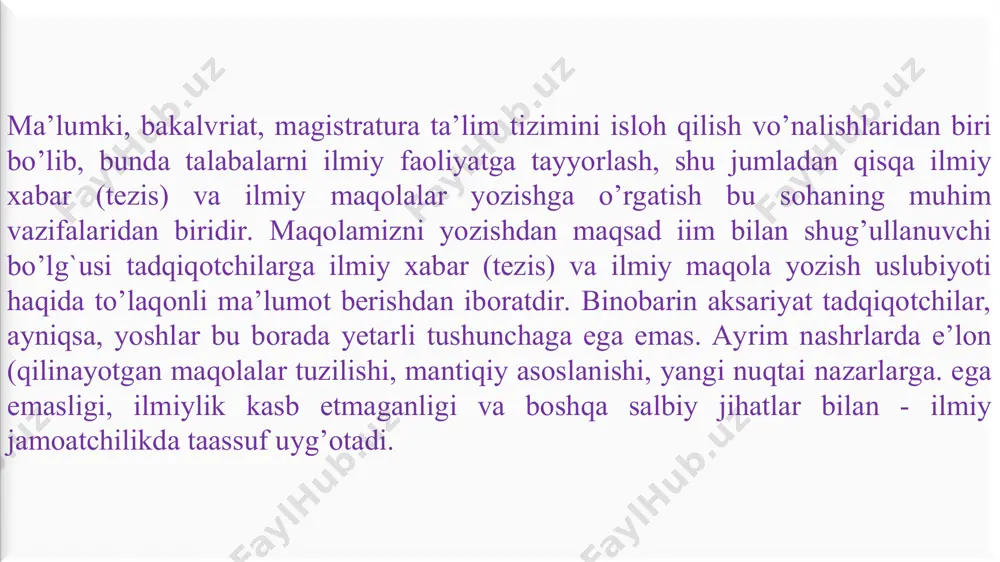 iborat bo’ladi, maqoladan qanday xulosa chiqarish kerak, degan sayollarga javob o’ylash lozim va maqola yozishdan aniq bir maqsadni ko’zlash kerak bo’ladi. illmiy maqola yozishda birinchi bo’lib, mavzuni belgilash, uning tahlili, reja tezislarni tuzish kerak. maqolalar ilmiy uslubda yozilishi lozim. maqola faqat uchinchi shaxs tomonidan yozilishi shart. maqola bayoni o’quvchi uchun qulay bo’lgan ketma-ketlikda olib borilishi, bu quyidagicha bo’lishi kerak: umumiydan xususiyga, soddadan murakkabga qarab fikrlar bildiriladi. maqolaning mantiqiy tuzilmasi kirish, asosiy qism va xulosadan iborat bo’ladi. kirish qismida mavzu asoslanishi, ilmiy nazariy jihatdan uning istiqboli (perespektivligi) berilishi, bugungi kun talablari asosida ko’rib chiqilishi kerak. asosiy qismda dalillar, ilgari surilgan ilmiy xabarni tasdiqlaydigan faktlar bo’lishi, bunda induksiya va deduksiyadan foydalanish, ya’ni aniqdan umumlashtirishga, umumiydan batafsil ko’rib chiqishga o’tish lozim bo’ladi. xulosada asosiy fikrni ixchamlab tezislar shaklida bayon qilinishi, ilgari surilgan tezisni tasdiqlaydigan umumlashmalar berilishi va muammoning dovomiyligini ko’rsatish kerak. номи абстракти калит (таянч) сўзлар асосий қисм кириш усуллар натижалар натижалар муҳокамаси …