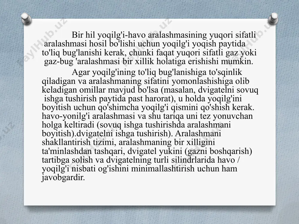 s taqsimlanishi. yoqilg'i kontsentratsiyasi yuqori bo'lgan zonalar bilan bir qatorda (mahalliy (mahalliy) ortiqcha havo koeffitsientining kichik qiymatlari bilan) past yonilg'i konsentratsiyasiga ega zonalar (katta a qiymatlari bilan) mavjud. bu holat nisbatan katta umumiy ortiqcha havo koeffitsienti a>1,2 bo'lgan dizel tsilindrlarida yoqilg'ini yoqish zarurligini oldindan belgilaydi. dizel dvigatellarda aralashmaning hosil bo'lish jarayonlari yoqilg'ining atomizatsiyasi va yoqilg'i olovining rivojlanishi, uni isitish, yoqilg'i bug'larining bug'lanishi va ularni havo bilan aralashtirishni o'z ichiga oladi. yoqilg'i purkash. dizel tsilindriga yoqilg'ini quyish va atomizatsiya qilish maxsus qurilmalar - har xil turdagi injektorlar yordamida amalga oshiriladi, xususan, atomizatorda turli xil ko'krak teshiklari mavjud. yoqilg’ini mayda tomchilarga purkash suyuqlik dozasining sirt maydonini keskin oshiradi. olingan tomchilar to'plamining sirtlarining bir xil massadagi bitta tomchiga nisbati taxminan tomchilar sonining kub ildiziga teng. purkash natijasida tomchilarning umumiy soni (0,5-20)·10 6 ga etadi, bu esa sirt maydonini taxminan 80-270 martaga oshiradi. ikkinchisi 2000 ° s gacha yoki undan yuqori haroratga ega bo'lgan …