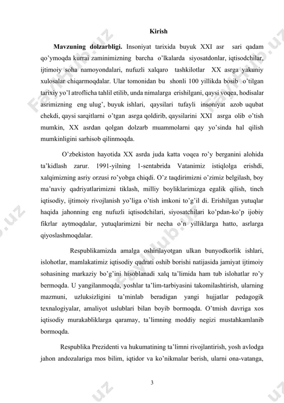 sh davriga xos iqtisodiy murakabliklarga qaramay, ta’limning moddiy negizi mustahkamlanib bormoqda. respublika prezidenti va hukumatining ta’limni rivojlantirish, yosh avlodga jahon andozalariga mos bilim, iqtidor va ko’nikmalar berish, ularni ona-vatanga, milliy istiqlol g’oyalariga sadoqat ruhida tarbiyalash borasida ko’rsatilgan doimiy g’amxo’rlik tufayli ta’lim-tarbiya ishlarining bugungi qiyofasi tubdan o’zgardi. prezidentimiz sh.m.mirziyoyev bmt ning 72-sessiyasida shunday degan edi: “biz butun jahon jamoatchiligiga islom dinining asl insonparvarlik mohiyatini yetkazishni eng muhim vazifa, deb hisoblaymiz. biz muqaddas dinimizni azaliy qadriyatlarimiz mujassamining ifodasi sifatida behad qadrlaymiz. biz muqaddas dinimizni zo'ravonlik va qon to'kish bilan bir qatorga qo'yadiganlarni qat'iy qoralaymiz va ular bilan hech qachon murosa qila olmaymiz. islom dini bizni ezgulik va tinchlikka, asl insoniy fazilatlarni asrab-avaylashga da'vat etadi. markaziy osiyo uyg'onish davrining ko'plab yorqin namoyandalarining islom va jahon sivilizatsiyasiga qo'shgan bebaho hissasini alohida qayd etmoqchiman. ana shunday buyuk allomalardan biri imom buxoriy o'z ahamiyatiga ko'ra islom dinida qur'oni karimdan keyingi muqaddas kitob hisoblangan "sahihi buxoriy"ning muallifi …