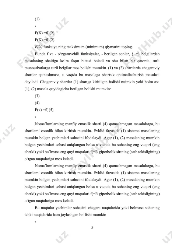 sohasi aniqlanadi (agar bu yechimiar sohasi bo‘sh to‘plamni tashkil qilsa, u vaqtda masala yechimga ega emas) 2 . f(=r giperbolik sirt chiziladi 3. eng yuqori va eng quyi giperbolik sath sirti aniqlanadi yoki bolmasa f( yuqoridan (quyidan) chegaralanmagani aniqlanadi (bu holda masala yechimga ega emas). 1 . (1) masalaning mumkin bo‘lgan yechimiar sohasi aniqlanadi (agar bu yechimiar sohasi bo‘sh to‘plamni tashkil qilsa, u vaqtda masala yechimga ega emas) 2 . f(=r giperbolik sirt chiziladi 3. eng yuqori va eng quyi giperbolik sath sirti aniqlanadi yoki bolmasa f( yuqoridan (quyidan) chegaralanmagani aniqlanadi (bu holda masala yechimga ega emas). 4. giperbolik sath tekisligi o‘tgan eng chetki, eng quyi urinib o`tgan nuqta aniqlanadi va bu nuqtada f(x)=f( qiymati aniqlanadi faraz qilaylik, bizga (1), (2) masalalar berilgan bolsin va sistema (1) da faqat tenglamalar qatnashsin (nomanfiylik sharti qatnashsin). shu bilan bir qatorda f( funksiya va ulardan olingan xususiy hosilalari bilan birga uzluksiz bo‘lsin, ya’ni …