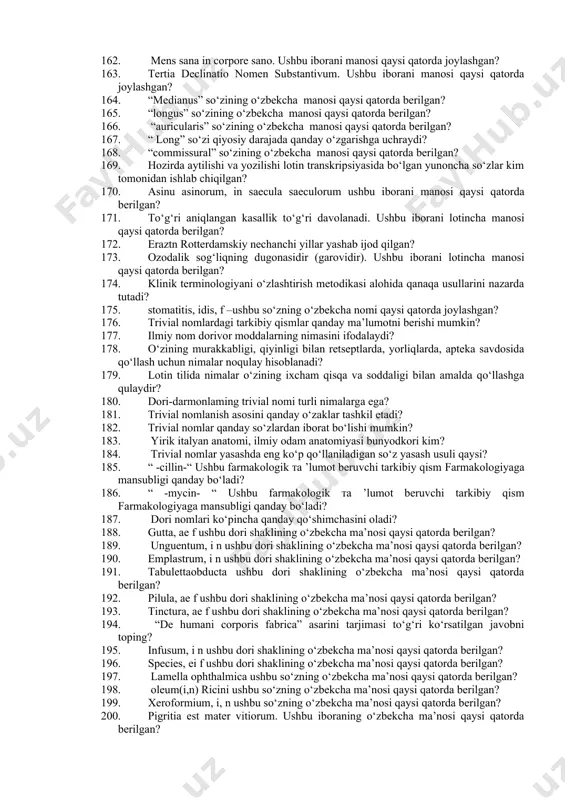 yo‘nalishda o‘tkaziladigan aralash topografik anatomiya” asarini kim yozgan? 116. “muzlatilgan murda ustida uch yo‘nalishda o‘tkaziladigan aralash topografik anatomiya” asarini qachon chop etilgan? 117. n.i.pirogovning operativ xiruigiya va topografik anatomiyaga oid qanday asari mavjud? 118. rivojlanib borayotgan rus tibbiy atamashunosligida ilmiy atamalarni qo‘llash va tartibga solishda n.m.maksimovich-alebadik xizmat ko‘rsatgan? 119. atoqli rus farmakologi i.y.dyadkovskiy o‘zining mashhur “odam tanasiga dori-darmon ta’sir etishi usullari” nomli dissertatsiyasini qaysi tilda yozib, himoya qilgan? 120. “odam tanasiga dori-darmon ta’sir etishi usullari” nomli dissertatsiya muallifi kim? 121. i.y.dyadkovskiy kim bo‘lgan? 122. qachongacha rus faqaro va harbiy farmakopeyalari lotin tilida bosib chiqarildi? 123. 1865- yilgacha rus faqaro va harbiy farmakopeyalari qaysi tilida bosib chiqarildi? 124. xiy-xvi asrlarda qaysi til gumanitar lotin nomi bilan davom ettirildi? 125. qachongacha kasallik tarixi lotin tilida yozilar edi? 126. 1865- yilgacha kasallik tarixi qaysi tilda yozilar edi? 127. xix asrda lotin tili ilmiy, yozma, kitobiy muloqotning xalqaro vositasi sifatida hamma joylarda qanaqa tillarga …