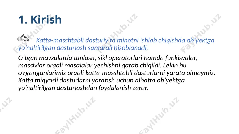 nf a’zolariga murojaat ( . ) operatori orqali amalga oshiriladi. 7. ob’yekt xususiyatlari ma’lumot maydonlari orqali namoyon qilinadi. 8. ob’yektning hatti-harakatlari funksiyalar to’plami orqali aniqlanadi. 9. ma’lumot maydonlari birlamchi qiymatlarga ega bo’lmaydi. ular konstruktorlar orqali initsializatsiya qilinishi kerak. image1.jpg image2.png image3.png image4.png image5.png image6.png image7.png image8.png image9.png /docprops/thumbnail.jpeg