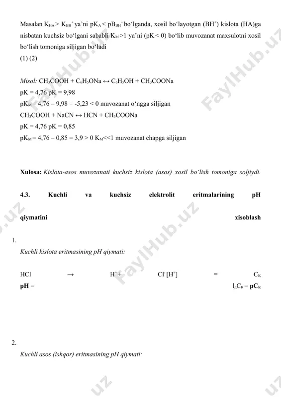 a ta’sir etuvchi omillar 1) eritma suyultirilganda gidrolitik muvozanat nh4cl + h2o ↔ nh4oh + hcl; ch3coona + h2o ↔ ch3cooh + naoh gidrolizlanayotgan tuzning tarkibidan qat’iy nazar o‘ngga siljiydi ya’ni, suyultirilganda doimo gidroliz darajasi ortadi. 2) xarorat oshganda gidrolizlanish darajasi ortadi. 3) gidrolizga ishqor va kislotaning ta’siri. a) kuchsiz asos kationining gidrolizi ishqoriy muxitda ortadi, kislotali muxitda kamayadi nh4+ + hoh ↔ nh3 · h2o + h+ mazkur muvozanat, ishqor ta’sirida reaksiya maxsuloti, vodorod ionlarini ishqor gidroksidi bilan suv xosil qalgani sabobli, o‘ngga siljiydi va gidroliz kuchayib, gidrolitik reaksiya oxirigacha boradi. kislotali muxitda bu muvozanat chapga siljiydi va gidroliz to‘xtaydi. b) kuchsiz kislota anionining gidrolizi ch3coo- + hoh ↔ ch3cooh + oh- kislotali muxitda ortadi va ishqoriy muxitda kamayadi. bunga sabab: mazkur gidrolitik muvozanatga kuchli kislota qo‘shilganda reaksiya maxsuloti gidroksil (oh-) ionlari qo‘shilgan kislota protonlari bilan bog‘lanishi xisobiga, muvozanat gidrolizni kuchayish tomoniga, ya’ni o‘ngga siljiydi. aksincha sistemaga ishqor qo‘shilganda …