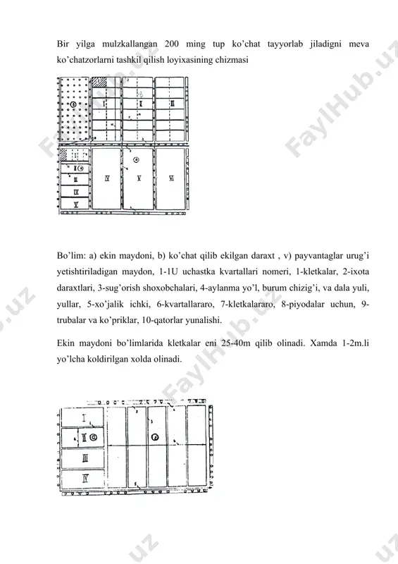 yaxshilash; 4). ko’chatlarni ratsioial ravishda zich joylashtirish; 5).pakana daraxtli bog’larni ko’paytirish. uzum yetishtirishni ko’paytirish va arzoilashtirishni asosiy tadbirlari: ixtisoslashtirilgan xo’jaliklarni tashkil etish. yaxshi, xosildor navlarni tailash, sifatsiz navlarni bartaraf etish. ko’chatzorlar tashkil etish, qator oralariga ko’zgi ishlov berish, ko’chatlarni kishda kumish(temperaturasi past bo’lgan zoialarda). o’g’it solish, sug’orish, zararkuiaida va kasaliklardan ximoya qilish. bog’larning katta-kichikligi, bog’ va uzumzorlar uchun yer uchastkasi tanlash. katta bog’lar eng ko’p iqtisodiy samara beradi. bunday bog’larda eng unumli mashina va qurollardan ancha ratsional foydalanish, mexnatni, sug’orishni tashkil etishning professiv formalarni kullanish mumkin va x.k. bog’lar xo’jalik markazlaridan, xo’jalik ishchilarining turar joylaridan 1,5-4km dan o’zok bo’lmagan masofalarda joylashtiriladi. optimal xajmdagi bog’dorchilik xo’jaliklari 3 tadan 5 tagacha bo’lnimaga, shu jumladan 3 gadan 4 tagacha bog’dorchilik, xar bir bo’lnima esa 3 tadan to 5 tagacha meva va rezavor-meva ko’chatlari bo’lgan o’rtacha 80-100 ga maydonli bog’dorchilik brigadaoiga ega bo’lishi kerak .bo’lnimadagi bog’larning umumiy maydoni 300-500ga,b/gui xo’jalik bo’yicha esa 700-1500ga ni …