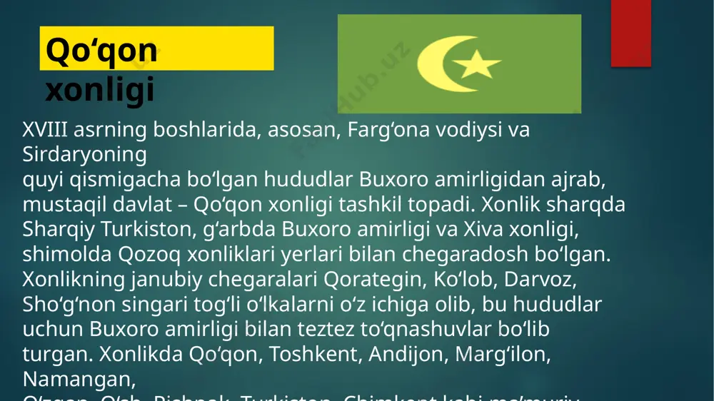 g qo‘ygan edi: «... har tomonlama mudhish, chetdan qaraganda xalqimiz, uning madaniyati, milliy tafakkuri, urf­odatlari, turmush tarzi, hech bir mubolag‘asiz aytish mumkinki, nasl­nasabi yo‘q bo‘lib ketishi kerak bo‘lgan sharoitda baribir, qator yo‘qotishlar bilan bo‘lsa ham, millatimiz o‘zligini saqlab qoldimi yo yo‘qmi?» albatta, davlatimiz rahbarining bu savoli javobsiz qolmadi. tarixchilar darsliklarda tarixiy ma’lumotlar asosida rossiya imperiyasi mustamlakachilarining jabr­zulmi sharoitida ham xalqimiz o‘zligini, milliy qadriyatlarini, madaniyatini, urf­odatlari va turmush tarzini saqlab qolganini o‘quvchilarga yetkazib bermoqdalar foydalanilgan adabiyotlar terentev m. a., istoriya zavoevaniya sredney azii, t. 1-3, spb., 1906. abaza k. k. zavoevanie turkestana: rasskazi iz voennoy istorii, ocherki prirodi, bita i nravov tuzemsev v obщedostupnom izlojenii. — spb., 1902 ignatev n., missiya v xivu i buxaru v 1858 g. fligel-adʼyutanta polkovnika n. ignateva, spb., 1897. ivanov p. p. kazaxi i kokandskoe xanstvo (k istorii ix vzaimootnosheniy v nachale xix v.), — „zapiski instituta vostokovedeniya an sssr“, t. vii, 1939. valixanov ch. ch., …