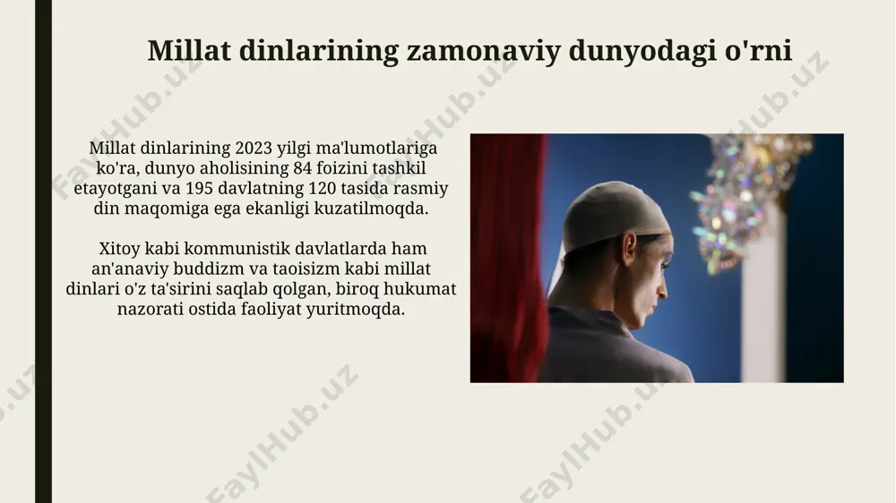 i hindistonda, 330 million hinduiylik tarafdorlari uchun ganj daryosida muqaddas suvga cho'mish marosimlari keng tarqalgan va bu amallar yillik bayramlar bilan bog'liq. millat dinlarining marosimlari, masalan, xitoydagi konfutsiylikda ota-bobolarga hurmat ko'rsatish marosimlari 2000 yildan ortiq davom etadi va oilalar 4 avlodga qadar nasabnomalarini saqlaydi. e'tiboringiz uchun rahmat @taqdimot_robot image1.jpg image2.jpg image3.jpg image4.jpg image5.jpg image6.jpg image7.jpg image8.jpg image9.jpg image10.jpg