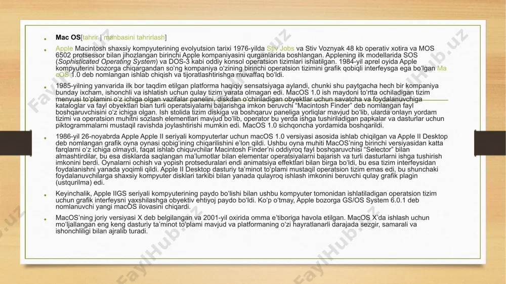 x ustunlik qildi. yagona dasturli, bir foydalanuvchili operatsion tizim ms-dos intel 8088 mikroprotsessorlari, keyin esa 80286, 80386 va 80486 asosidagi kompyuterlar uchun keng qoʻllanilgan. koʻp dasturli koʻp foydalanuvchili unix operatsion tizimi inteldan tashqarida, ayniqsa yuqori unumdor risc protsessorlariga asoslangan. 80-yillarning oʻrtalarida tarmoq yoki taqsimlangan operatsion tizimlar nazorati ostida ishlaydigan shaxsiy kompyuter tarmoqlari jadal rivojlana boshladi. tarmoq operatsion tizimlarida foydalanuvchilar boshqa kompyuterlar mavjudligidan xabardor boʻlishlari va uning resurslaridan, birinchi navbatda, fayllardan foydalanish uchun boshqa kompyuterga kirishlari talab etiladi. tarmoqdagi har bir mashina oʻzining mahalliy operatsion tizimini boshqaradi, bu kompyuterning tarmoqda ishlashini taʼminlaydigan qoʻshimcha vositalar mavjudligi bilan mustaqil kompyuterning operatsion tizimidan farq qiladi. tarmoq operatsion tizimi bir protsessorli kompyuterning operatsion tizimidan tubdan farq qilmaydi. u, albatta, tarmoq interfeysi qurilmalari uchun dasturiy taʼminotni qoʻllab-quvvatlashni (tarmoq adapteri drayveri), shuningdek, tarmoqdagi boshqa kompyuterlarga masofadan kirish vositalarini va masofaviy fayllarga kirish uchun asboblarni oʻz ichiga oladi, ammo bu qoʻshimchalar operatsion tizimning oʻzi tuzilishini sezilarli darajada oʻzgartirmaydi. …