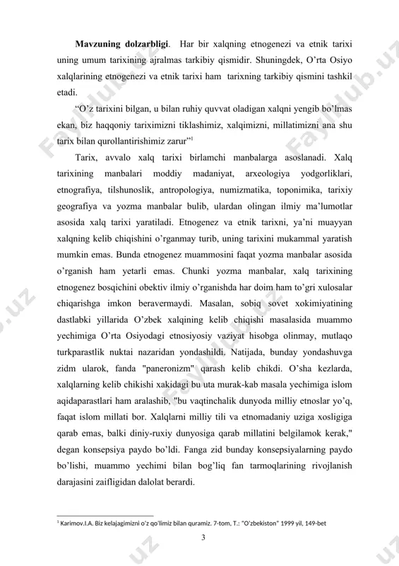 lar, qarluq va chigil, argun va tuxsi, kaltatoy va kangli, kirgiz va uyg’ur, oltoy turklari va ularning ajdodlari xu, di, rung hamda sak-skif qabilalari xech kachon bir joyda mukim yashamagan. ular nafaqat bepoyon buyuk turk dashtida, balki o’rta osiyoning qadimgi dexkon jamoalari tomonidan uzlashti-rilmagan dare xavzalari va chullarida xam chorva mollarini bokib ko’chib yurgan. ko’chmanchilarning avom kambagal kismining bir bo’lagi har safar bu zaminda qolib ketgan va ular sekin-asta utroq xayotga, ya’ni dehqonchilik va hunarmandchilik xo’jaligi bilan shug’ullanishga o’ta boshlaydilar. ushbu maqsaddan kelib chiqib qo’yidagi vazifalar belgilab olindi. - o’rta osiyo xalqlarining xo’jaligi va madaniyati haqida ilmiy tadqiqotlar natijalaini talqin etish, - o’zbek xalqining shakllanish jarayonlarini tarixiy bosqichlariga to’xtab o’tish, - o’rta osiyo xalqlarining etnik tarixi va an’anaviy mashg’ulotlari borasida fikrlar bayonini keltirib o’tish, - qozoq va qirg’iz xalqlarining etnogenizi va an’anaviy xo’jaliklari xususida bayon etish, - tojik va turkman xalqlarining etnogenizi va an’anaviy xo’jaliklari haqida to’xtalib o’tish, mavzuning o’rganilish …