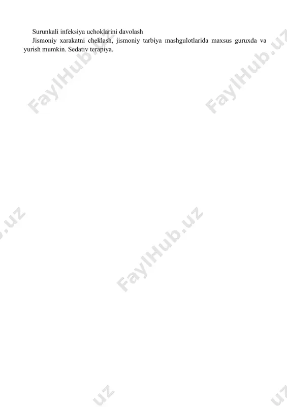 siyada-interferon toksoplazmada-xloridin va sulfanilamidlar beriladi. prednizolonga kursatmalar: diffuz jarayon yurak etishmovchiligi bilan; utkir osti boshlanishi surunkaliga utish darakchisidek; utkazuvchanlikning buzilishi bilan kardit prednizolon - peroral 1-1,5 mg/kg 1 oy davomida, 3 yoshgacha bolalarda xar 3-4 kunda 1/3-1/4 tabletkadan, katta yoshdagi bolalarda xar 3-4 kunda ½ tab-kadan asta-sekin kamaytirish, yana 1-1,5 oy davomida.samarasizlikda saklovchi doza-0,5 mg/kg/sut bir necha oy davomida beriladi. utkir osti yoki surunkaliga utsa-delagil, plakvenil indometatsin yoki voltaren bilan birga beriladi. salitsilatlar 0,15-0,2 g/yoshiga xisobidan 1 oy davomida, sung shu dozaning ½-1/3 kismini yana 1,5-2 oy beriladi. yarim yotik xolatda, kislorodoterapiya; yurak glikozidlari; siydik xaydovchi vositalar; suyuklik xajmi diurez nazoratida: 1-kunda 40-50 ml/kg gacha, keyinchalik 70 ml/kg gacha, upka shishi, oligouriyada-20-30 ml/kg. kokarboksilaza, vit v6, vit v12.vit v5.anabolik steroidlar kasallik boshlanishidan 1,5-2 oydan sung tavsiya etiladi. ritm buzilganda-izoptin v/i 0,1-0,3 mg/kg yoki peros ½-1 tab-1 marta, aymalin, novokainamid 10%-0,2-0,3 ml/kg samaralidir. surunkali kardit davosi: 3-4 xaftaga yotik rejim, ovkatlanish …