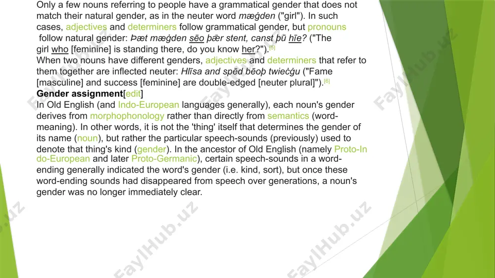 hich can refer to both males and females, like modern english "waiter," and a separate term which refers only to females, like modern english "waitress." several different suffixes are used to specify females: -en is added to miscellaneous words such as god ("god") → gyden ("goddess"), ielf ("elf") → ielfen ("female elf"), þeġn ("servant") → þiġnen ("female servant"), þēow ("slave") → þiewen ("female slave"), and nēahġebūr ("neighbor") → nēahġebȳren ("female neighbor"). -estre is the female equivalent of -ere and -end, both meaning "-er." it is used on many nouns such as sangere ("singer") → sangestre ("female singer"), lufiend ("lover") → lufestre ("female lover"), bæcere ("baker") → bæcestre, tæppere ("bartender") → tæppestre, and forspennend ("pimp") → forspennestre. -e is the female equivalent of -a, which was sometimes a regular noun ending with no meaning and sometimes yet another suffix meaning "-er." examples include wyrhta ("worker") → wyrhte and foregenġa ("predecessor") → …