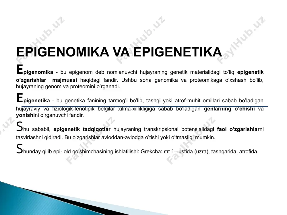 ujayralar organizmdagi boshqa barcha turdagi hujayralarga aylanadi, shu jumladan neyronlar, muskul hujayralar, epiteliy, qon tomiri endoteliysi va ho kazo, bir qancha genlarni faollashtirish paytida boshqalarini ekspressiyasini to’xtatib turadi. kapalakning hayot siklini epigenetik o’zgarishlarga yana bir misol qilib keltirish mumkin. hasharotning hayot siklida turli xil morfologik belgilarning yuzaga kelishida organizm hujayralari genomining turli darajada va har xil epigenetik o’zgarishlar sabab bo’ladi. va bu o’zgarishlar nasldan naslga o’tib boradi. giston modifikatsiyasi gistonlar, xromatinda topilgan oqsillarning eng ko’p tarqalgan turidir, funksiyasi dnkni quyuqlashtirish. xromatinning asosiy va takrorlanish birligi, nukleosomalar, giston oqsillarining oktamerlaridan (h2a, h2b, h3 va h4) tashkil topgan va uni atrofi 146 juft nukleotid asos uzunlikdagi dnk bilan o’ralgan. nukleosoma va dnk qo’shilish shakli quyuqlashishga yordam bera oladigan 10 nm diametrli xromatin ipini tashkil etadi. turli xil giston o’zgarishlari asetillanish, metillanish, fosforillanish, yubikutinlanish, sumoyllanish, adp-ribosillanish, diaminlanish va prolin izomerlanish sifatida ma’lum. giston dumchalari odatda o’zlarining lizin va arginin amino kislotalarida mavjud amin …