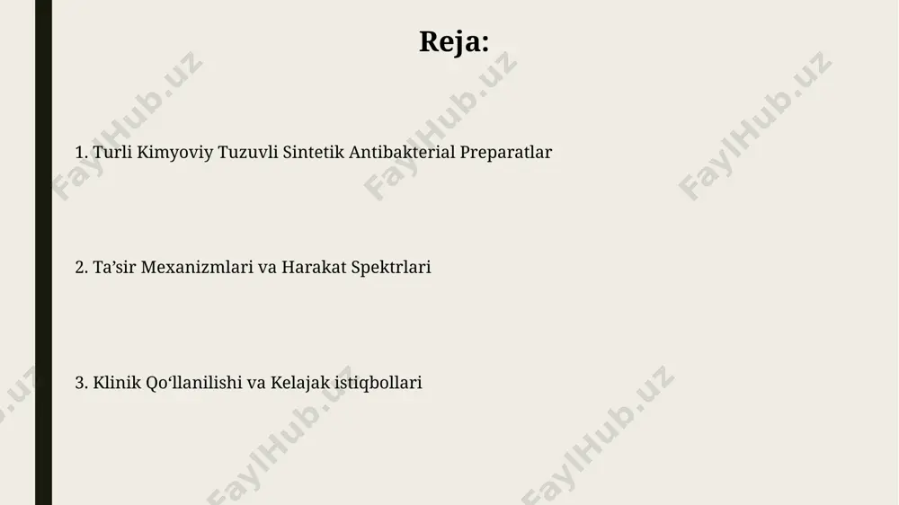 nemlar va monobaktamlar, ularning har biri bakteriyalar hujayra devorining sintezini turlicha usullar bilan inhibe qiladi. ba'zi beta-laktam antibiotiklar, masalan, metitsilin, gram-musbat bakteriyalarga qarshi yuqori faollik ko'rsatadi, boshqalari esa, keng spektrli ta'sirga ega bo'lib, gram-manfiy bakteriyalarni ham yo'q qiladi. makrolidlar makrolidlarning bakteriostatik yoki bakteritsid taʼsiri bakteriya konsentratsiyasi va mikroorganizmlarning sezuvchanligiga bogʻliq boʻlib, minimal inhibitiv konsentratsiya (mik) orqali aniqlanadi. eritromitsin, azitromitsin va klaritromitsin kabi makrolida antibiotiklarning 50% dan ortiq qismi jigar orqali metabolizmga uchraydi va buyraklar orqali chiqariladi. aminoglikozidlar ushbu guruhdagi antibiotiklarning asosiy mexanizmi 30s ribosomali subbirlikka bog'lanish va oqsil sintezini inhibe qilish orqali amalga oshiriladi, natijada bakteriyalar o'lishiga olib keladi. aminoglikozidlarning samaradorligi gramm-manfiy bakteriyalarga qarshi yuqori bo'lib, klinik amaliyotda 80% dan yuqori samaradorlik ko'rsatkichiga ega. sintetik antibakterial vositalar haqida umumiy ma'lumot antibiotiklarning keng tarqalgan qoʻllanilishi natijasida bakteriyalarning 50% dan ortigʻi turli darajada chidamlilikka ega boʻlib qolgan, bu esa yangi sintetik vositalarni yaratish zaruriyatini oshirmoqda. sintetik antibakterial vositalar turli xil kimyoviy tuzilmalarga …