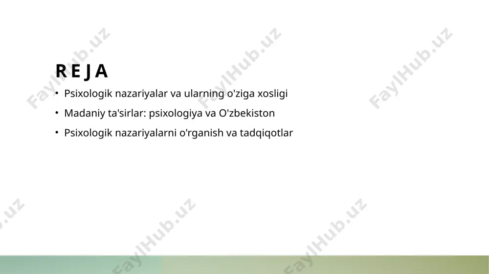 alarni ishlab chiqishga yordam beradi, bu esa global va mahalliy kontekstlarni birlashtirish imkonini beradi. o'zbekistonning madaniy kontekstida psixologik nazariyalar. 1 psixologik an'analar o'zbekistonda psixologik nazariyalar, milliy an'analarga asoslangan holda, xalqning madaniy qadriyatlari va urf-odatlari bilan bog'lanadi. 2 milliy identitet o'zbekistonning madaniy konteksti psixologik nazariyalar va tadqiqotlarda milliy identitetni shakllantirishda muhim rol o'ynaydi, bu esa aholi psixologiyasini anglashga yordam beradi. 3 ijtimoiy ta'sirlar o'zbek psixologiyasida ijtimoiy omillar, masalan, oilaviy va jamiyatdagi munosabatlar, nazariyalar va amaliyotlarga sezilarli ta'sir ko'rsatadi. madaniy ta'sirlar va psixologiyaning o'zaro aloqasi. madaniyat va psixologiya madaniy ta'sirlar ijtimoiy kontekst madaniyat psixologiyaning asosiy komponentidir. u insonlarning fikrlash va xulq-atvorini shakllantiradi, shuningdek, psixologik nazariyalarni mahalliy kontekstga moslashtiradi. madaniy ta'sirlar psixologik teoriyalarda muhim rol o'ynaydi. ular insonlarning qadriyatlari, urf-odatlari va ijtimoiy munosabatlarini ta'sir qiladi, natijada farqliliklar yuzaga keladi. ijtimoiy kontekst psixologik jarayonlarni belgilaydi. o'zbekistondagi ijtimoiy tuzilmalar va madaniy qatlamlar psixologiya tadqiqotlarida o'ziga xos yondashuvlarni talab qiladi. o'zbek psixologiyasida madaniy elementlarning roli. 1 …