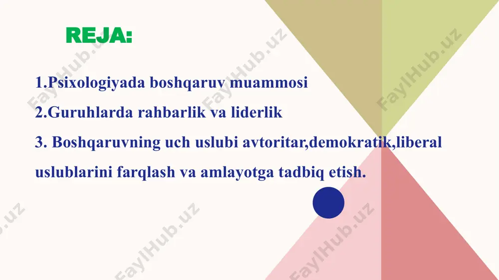 chi; “yetakchi» deb tarjima qilinadi lidersiz hech bir guruh faoliyat ko’rsata olmaydi. liderni ma’lum maqsad uchun kishilar guruhini birlashtira oladigan shaxs sifatida qarash mumkin. liderning asosiy vazifasi insonlarni o’zining orqasidan ergashtirgan holda yagona maqsad doirasidagi vazifalarni yechish uchun guruh a’zolari o’rtasida samarali munosabatlarni o‟rnatishdir. ya’ni lider-insonlardan iborat tizimni tartibga soluvchi element hisoblanadi. liderlikka vaqtincha erishish ham mumkin, ammo haqiqiy liderni keyingi olg’a qadamlar bilan o’zgartirib bo’lmas sodiqlik ajratib turadi. bizga ma’lumki, har bir inson katta mo’jiza, uning biz ko’rmagan bilmagan va albatta ochilmagan qirralari bor yoki bo’lishi mumkin. liderlik -kuch ishlatishga asoslanmagan hokimiyat hisoblanadi. rahbar kim ? rahbar - bu odamlarning unga ergashishiga undaydigan kishi.kollektiv , ish jarayoniga katta ta’sir qilish hususiyatiga ega bo’lgan, bir tashkilotlar ishchi hodimlarga tavsiyalar, motivatsiyalar yo’l yoriqlar ko’rsatuvchi, unga moddiy va ma’naviy ko’mak beruvchi shaxs.rahbarning belgilari asosan undagi harakterda namoyon bo’ladi. boshqaruvchanlik qobilyatiga ega, qarorlarni oqilona chiqarish, korxonadagi muammolarni tahlil qilish kabilar. 12 rahbar-boshqaruvchi rahbar-diplomat …