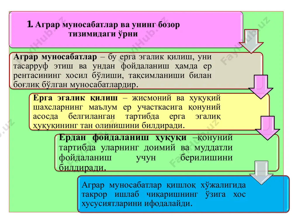 ента деб атаган (яъни тупроқ унумдорлигига боғлиқ бўлган рента). . а.смит назариясига кўра, рента ишчининг ҳақ тўланмаган меҳнати билан яратилади, унинг меҳнати маҳсулотнинг бир қисми ҳисобланади. у рентада ерга бўлган хусусий мулкчилик монополияси унсурларини кўрган, лекин абсолют ва дифференциал рента тушунчалари ажратиб кўрсатиб бермаган. 2. ер рентасининг мазмуни ва турлари. 1• д.рикардонинг рента тўғрисидаги концепцияси бугунги кунда ҳам ўз фаоллиги билан ажралиб туради. ердан фойдаланилганлик учун ҳамиша рента тўланади, бунда унинг манбаи, д.рикардонинг тасдиқлашича, ерга сарфланган меҳнат ҳисобланади. • ер ресурслари чекланганлиги сабабли, хўжалик амалиётида унумдорлиги ва жойлашиши бўйича ҳар хил бўлган ер участкаларидан фойдаланилади. бунинг натижасида қишлоқ хўжалиги маҳсулотларининг қиймати, д.рикардо бўйича, энг ёмон участкада ишлатиладиган меҳнат сарфлари билан аниқланади. • к.маркс рента тўғрисида назария яратди. унингча, рента ерга бўлган мулкчиликни амалга ошириш шаклидир. ер майдони чекланганлиги, унинг ер эгалари қўлида бўлганлиги сабабли қишлоқ хўжалиги маҳсулотларини ишлаб чиқариш баҳоси ўртача ердаги ишлаб чиқариш харажатларига қараб эмас, балки энг ёмон …