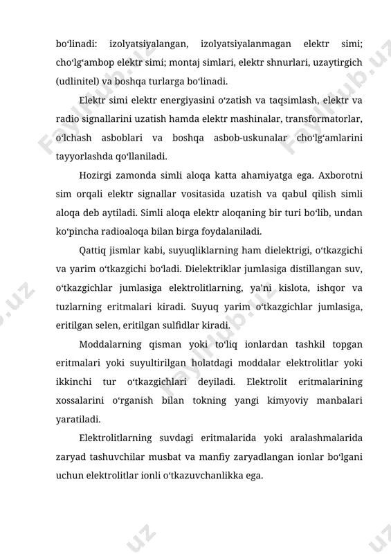 ilar musbat va manfiy zaryadlangan ionlar bo‘lgani uchun elektrolitlar ionli o‘tkazuvchanlikka ega. suyuqliklar elektronli o‘tkazuvchanlikka ham ega bo‘lishi mumkin. masalan, suyuq metallar ana shunday o‘tkazuvchanlikka ega. elektrolit orqali elektr toki o‘tganda elektrodlarda elektrolit tarkibiy qismlarining ajralib chiqish jarayoni elektroliz deyiladi. texnikada elektroliz turli maqsadlarda keng qo‘llaniladi. bir metallning sirti boshqa metallning yupqa qatlami bilan elektrolitik usulda qoplanadi (nikellash, xromlash, emallash, mis yalatish va h.k.). bu mustahkam qoplama sirtni zanglashdan asraydi. elektroliz yordamida turli buyumlar metall qatlami bilan qoplanadi (galvanostegiya), shuningdek, kerakli buyumlarning relefi metall nusxalari, masalan tipografiya klishelari tayyorlanadi (galvanoplastika). elektroliz sof metallar, xususan mis olishda keng qo‘llaniladi. boksitlar aralashmasidan alyuminiy elektroliz yo‘li bilan olinadi. xuddi shu usul tufavyli alyuminiy arzon, texnika va turmushda temir bilan bir qatorda eng ko‘p tarqalgan metall bo‘lib qoldi. amaliyotda kimyoviy tok manbai, ya’ni galvanik elementlar, batareyalar va akkumulyatorlar katta ahamiyatga ega. ular kimyoviy energiyani o‘zgarmas tok elektr energiyasiga aylantirib beradilar. kimyoviy tok manbalari transportda, …