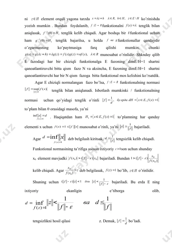 mumkinki funkstionalning normasi uchun qo’yidagi tenglik o’rinli to’plam bilan ( orasidagi masofa, ya’ni . haqiqatdan ham to’plamning har qanday elementi x uchun munosabat o’rinli, ya’ni bajariladi. agar deb belgilash kiritsak, tengsizlik kelib chiqadi. funkstional normasining ta’rifiga asosan ixtiyoriy son uchun shunday x0 element mavjudki bajariladi. bundan kelib chiqadi. agar deb belgilasak, bo’lib, o’rinlidir. shuning uchun bajariladi. bu erda e ning ixtiyoriy ekanligin e’tiborga olib, tengsizlikni hosil qilasi z. demak, bo’ladi. misollar. 1. s fazoda berilgan tenglik bilan aniqlangan funkstional chiziqli bo’ladi. haqiqatdan ham, tengliklar bajarilaji. 2. normalangan s[0,1] fazoda berilgan ushbu funkstional ham cheklidir. 3. s fazoda berilgan va ushbu tenglik bilan aniqlangan funkstional ham chiziqli bo’ladi. _1260177811.unknown _1260177885.unknown _1260177933.unknown _1260178023.unknown _1260178036.unknown _1260178056.unknown _1260178067.unknown _1260178079.unknown _1260178084.unknown _1260178073.unknown _1260178063.unknown _1260178042.unknown _1260178025.unknown _1260178026.unknown _1260178024.unknown _1260178019.unknown _1260178021.unknown _1260178022.unknown _1260178020.unknown _1260178017.unknown _1260178018.unknown _1260177941.unknown _1260178016.unknown _1260177905.unknown _1260177922.unknown _1260177927.unknown _1260177912.unknown _1260177893.unknown _1260177900.unknown _1260177889.unknown _1260177848.unknown _1260177867.unknown _1260177876.unknown _1260177880.unknown _1260177872.unknown _1260177859.unknown _1260177863.unknown _1260177852.unknown _1260177831.unknown _1260177840.unknown _1260177843.unknown _1260177835.unknown _1260177824.unknown …
