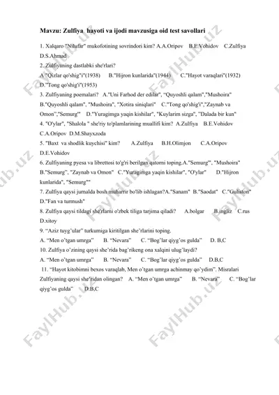 zulfiya hayoti va ijodi mavzusiga oid test savollari — DOCX