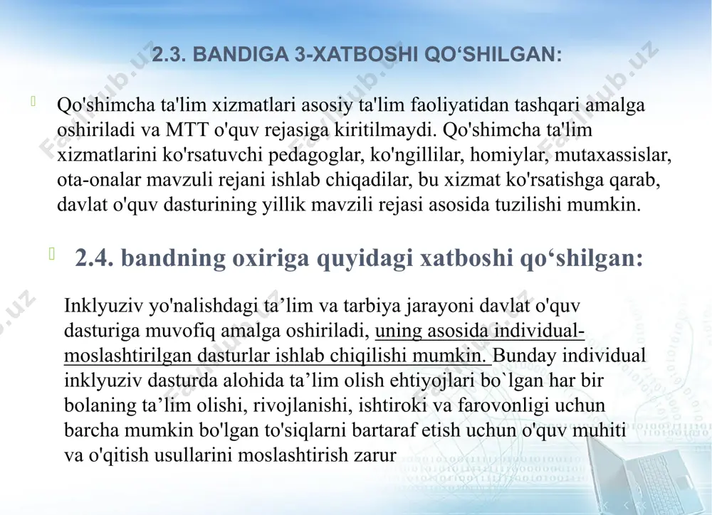 sh bolalarni ta’lim olishi va rivojlanishining yondashuvlaridan biridir. o'yin - bu bolani o'zini va atrofidagi dunyoni o'rganishga undashning tabiiy usuli. o'yin bolaning shaxsiyati, uning bilish, ijtimoiy-hissiy, ijodiy va jismoniy jihatlarini rivojlantiradi. o'yinda bolalarning tengdoshlari va pedagogi bilan o'zaro munosabati nutq va ijtimoiy ko'nikmalarni rivojlantirishga yordam beradi, uning motorikasi takomillashib boradi. o'yin boshqa bolalar bilan hamkorlikda ta’lim olish imkoniyatini yaratadi, ularga tavakkal qilish, xato qilish va qiyinchiliklarni yengish imkonini beradi. va, eng muhimi, o'yin ta’lim olishni quvonchli qiladi, bolalarning tasavvurini va ijodkorligini rivojlantiradi. o'yin har xil bo'lishi mumkin - bolaning yoki bolalar guruhining tashabbusi bilan to’laligicha erkin, pedagogning minimal yoki to'liq ishtirokisiz - pedagog tomonidan tashkil etilgan va uning ko'rsatmalari yordamida amalga oshiriladi. erkin o'yinning ahamiyatini tushunish va e'tirof etish bilan birga, uyushgan o'yinda pedagogning hal qiluvchi rolini ham tan olish kerak. ta’lim va tarbiya jarayoni o'yin o’ynash imkoniyatini ta'minlashi kerak, rivojlantiruvchi muhit esa o'yin o’ynash imkoniyatiga hissa qo`shishi kerak. o'yin …