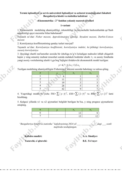 "ekonometrika - 2 nazorat savollari" — DOCX