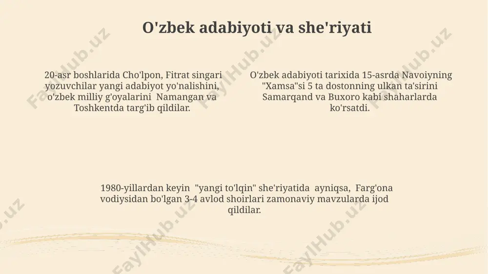 6-asrga oid me'moriy inshootlar majmuasi o'zbek me'morchiligining noyob durdonasi hisoblanadi. samarqanddagi registon maydonidagi uchta madrasa – ulug'bek, shir dor va tillya-kori madrasalari 15-asr o'zbek me'morchiligining yorqin namunalari hisoblanadi. o'zbek milliy musiqasi va raqslari o'zbek milliy raqslarida, masalan, "lazgi" yoki "qo'shma", 30 dan ortiq harakatlar va turli xil qo'l va oyoq harakatlarining murakkab kombinatsiyalari mavjud. o'zbek milliy musiqasida 12 maqom tizimi mavjud bo'lib, ularning har biri samarqand, buxoro va xorazm kabi hududlardan kelib chiqqan noyob uslublarni aks ettiradi. shashmaqom, 16-asrda shakllangan va hozirgi kungacha saqlanib kelayotgan, o'zbek milliy musiqasining eng muhim an'anaviy janrlaridan biri hisoblanadi. o'zbek xalqining an'anaviy hunarmandchiligi toshkentdagi hunarmandchilik markazlarida 50 dan ziyod turdagi kulolchilik buyumlari, shu jumladan, qo‘lda bo‘yalgan chinni idishlar va an'anaviy naqshlar bilan bezatilgan sopol idishlar ishlab chiqariladi. marg‘ilon shahrida 200 dan ortiq hunarmand o‘zbek ipak matolari, xususan, “adras” va “bekasam” kabi noyob to‘qimalarni yaratishda qadimiy usullarni saqlab qolgan. xiva va buxoro shaharlarida 16-asrga oid naqshbandlik …