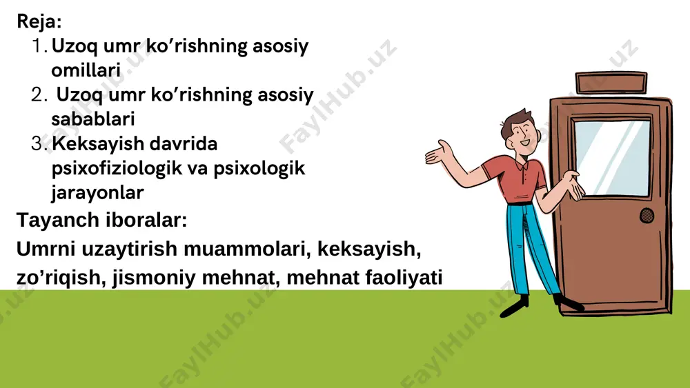 g izdoshlari ta’kidlaganidek, keksayish jarayonida ayrim psixofiziologik va psixologik jarayonlarning barqarorlashuvi inson umrining uzayishiga, unda ijodiy faollik uzluksiz davom etishiga yordam beradi, aqliy mehnat bilan doimo shug‘ullanuvchi keksa odamlarda mantiqiy xotira saqlanadi. shu bilan birga iqgidorli va akdni peshlash mashqlari bilan shug‘ullangan kishilarda ham intellektning yuksak darajasi saqlanib, boshqa bilish funksiyalarining faoliyati bir tekis harakatni vujudga keltiradi. uzoq umr ko‘rishning , umr uzayishining muhim omillaridan yana bittasi kasb-korlik faoliyatiga bog‘liq psixik holatning barqarorlashuvidir. ana shu holatga insonning ko‘rish idrokida fazoni farqlash (fazoviy tasavvur) qobiliyati kiradi. fransuz gerontologi va oftalmologi g.offre o‘zining "gerontologiya asoslari" (1960) kitobidan joy olgan "ko‘zning keksalarga xos o‘zgarishi" asarida ilmiy-amaliy ahamiyatga ega bo‘lgan ma’lumotlar keltiradi. uning fikricha, keksalikda presbioniya (grekcha, qarilikda ko‘rishning zaiflashuvi) hodisasi ro‘y berib, yaqinni ko‘rish yomonlashadi. программа курса g.offreningfikricha, 10 yoshdan ko‘rish akkomo- datsiyasining kuchi pasayishi kuzatiladi, agar 10 yoshda akkomodatsiya kuchi 16 dioptriyaga (grekcha optik o‘lchov) teng bo‘lsa, 40—45 yoshda — 4, keyinchalik …