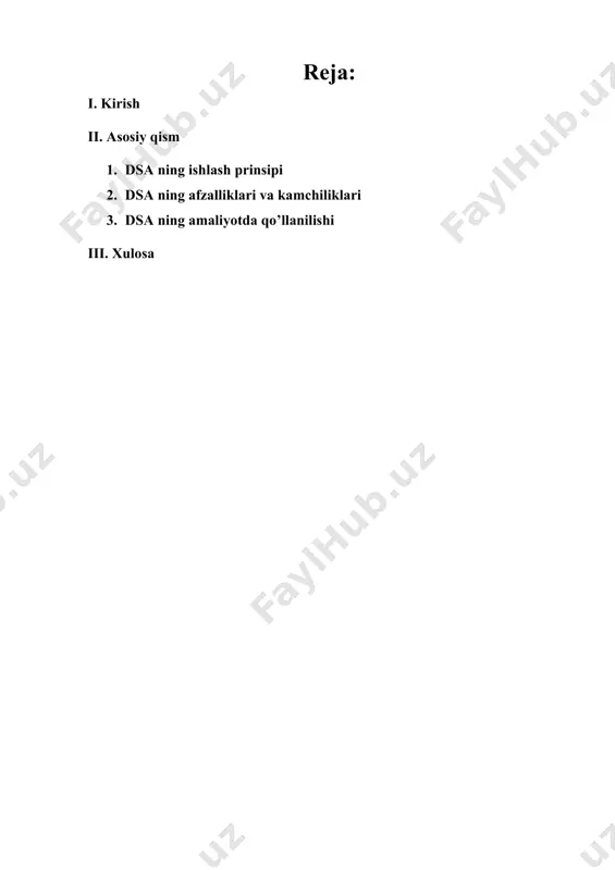 standartlashtirilgan algoritm dsa aqsh milliy standartlar va texnologiyalar instituti (nist) tomonidan tasdiqlangan (fips 186). ko‘plab xavfsizlik tizimlarida (pki, tls, gpg) qo‘llaniladi. 2. yuqori darajadagi xavfsizlik dsa diskret logarifm muammosiga asoslangan, bu esa uni hozirgi kompyuterlar uchun buzishni juda murakkab qiladi. to‘g‘ri parametrlar bilan ishlatilganda juda ishonchli. 3. kichik imzo o‘lchami dsa algoritmi ecdsa (elliptik egri dsa) bilan birgalikda ishlatilganda juda kichik imzolar yaratadi, bu esa tarmoqli kengligini va saqlashni tejaydi. 4. mualliflikni tasdiqlash xabarning aynan kim tomonidan imzolanganini aniqlash imkonini beradi — elektron hujjatlar va tranzaksiyalar uchun muhim. 5. xabarning o‘zgarmaganligini ta’minlash xabar imzo bilan birga keladi va tekshirilganda, xabarning aynan imzolangandek saqlanganini isbotlaydi. ----------------------------------------------------------------------------------------------- dsa algoritmining kamchiliklari 1. imzo yaratish tezligi past dsa rsa ga nisbatan imzo yaratishda sekinroq ishlaydi. bu katta hajmdagi tranzaksiyalarni tezkor imzolashda muammo tug‘dirishi mumkin. 2. deterministik bo‘lmagan imzo har bir imzo uchun noyob va tasodifiy son k ishlatilishi zarur. agar k ikki marta ishlatilsa …