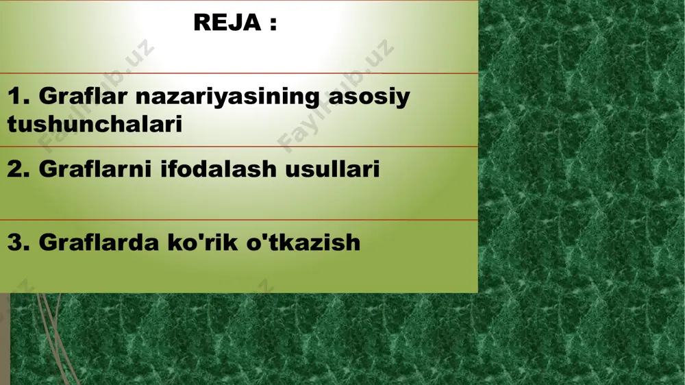 irra ikkita uch bilan aniqlanadi. umumiy uchga ega bo`lgan ikkita qirra qo`shni hisoblanadi. agar grafning ikkita uchi qirra bilan tutashtirilgan bo`lsa, bu uchlar qo`shni uchlar deyiladi. grafning bir uchdan chiqqan ikki qirrasi qo`shni qirralar deyiladi. agar grafda boshi va oxiri bitta tugunda tutashadigan qirra mavjud bo'lsa, unga ilmoqli qirra deyiladi. agar grafda takroriy (karrali) qirralar mavjud bo`lsa, bunday grafga multigraf deyiladi. agar grafda karrali qirralar bilan birga uchni o`z-o`zi bilan tutashtiruvchi ilmoqlar ham mavjud bo`lsa, bunday grafga psevdograf deyiladi. a) multigraf; b) psevdograf ixtiyoriy tugundan boshqa bironta tugunga murojaat mavjud va murojaat ikki tomonlama bo’lsa, bu holda bunday graf yo’naltirilmagan graf (graph) deyiladi agar graf tugunlari o'zaro bog'langan bo'lsa, lekin bu yoylar orqali munosabat faqat bir tomonlama bo'lsa, u xolda bunday graflar yo'naltirilgan graflar (oriented graph) deyiladi. og’irlikka (vaznga) ega bo’lgan graf (weighted graph) – bu qirralari (yo’ylari) og’irliklari bilan berilgan graf hisoblandi. (i,j) qirraning og’irligi wij kabi belgilanadi. agar …