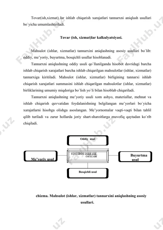 , balki uning tugallangan konstruksiyalarga ega bo`lgan alohida agregatlari, uzellariga berilishi mumkin. buyurtma birligining tannarxi uning bajarilishi (mahsulot ishlab chiqarilishi, ishlar bajarilishi yoki xizmatlar ko`rsatilishi) tugallangandan keyin aniqlanadi. buyurtma bo`yicha xarajatlarning butun summasi uning tannarxini tashkil qiladi. buyurtmalar qisman bajarilib, ular buyurtmachilarga topshirilganda qisman ishlab chiqarish tannarxi ularning konstruksiyalari, texnologiyalari, ishlab chiqarish shart-sharoitlaridagi o`zgarishlarni hisobga olgan holda ilgari bajarilgan buyurtmalarning tannarxi bo`yicha baholanadi. chizma. mahsulot tannarxini aniqlashning buyurtma usulining sxematik ko`rinishi tannarxni aniqlashning bosqichli usuli boshlang`ich xom ashyo va materiallar ishlab chiqarish jarayonida bir qator bosqich, faza, pog`onalardan o`tadigan tashkilotlarda qo`llanadi. ushbu usulda avval barcha mahsulotlar (ishlar, xizmatlar)ning tannarxi, so`ngra uning birligi tannarxi aniqlanadi. bosqichli usul tashkilotning tarmoqqa mansubligiga bog`liq holda ikki variantda amalga oshirilishi mumkin: yarim tayyor mahsulotli va yarim tayyor mahsulotsiz variantlarda. yarim tayyor mahsulotli variantda har bir bosqich bo`yicha mahsulot (ishlar, xizmatlar) tannarxi hisoblab chiqariladi hamda u avvalgi bosqichlar mahsuloti (ishlar, xizmatlar)ning tannarxi va mazkur bosqich bo`yicha …