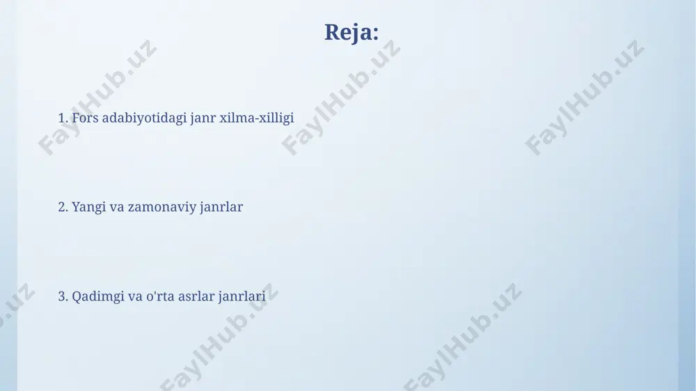 s sheʼriyotida 7-8-asrlarga oid 100 dan ortiq qasida namunalari saqlanib qolgan boʻlib, ularning mavzusi koʻpincha madh, mehr-muhabbat yoki tabiat tasvirlari edi. fors adabiyotida roman janri 1950-yillardan so'ng fors romanlarida realizm va modernizm uslublari aralashib, yangi badiiy texnikalar qo'llanila boshladi, jumladan, psixologik realizm elementlari. fors adabiyotida ayol mualliflarning romanlarida gender masalalari, oilaviy munosabatlar va ijtimoiy tengsizlik kabi mavzular muhim o'rin egalladi, taxminan 30 dan ortiq asarlar shunga bag'ishlangan. fors adabiyotida falsafiy asarlar fors adabiyotida taxminan 100 dan ortiq falsafiy mazmundagi asarlar mavjud boʻlib, ularning aksariyati 11-13-asrlarda yozilgan. sufiylik falsafasi fors adabiyotidagi falsafiy asarlarning 60% dan ko'prog'ini tashkil etadi, misol tariqasida rumiy va attorning asarlarini keltirish mumkin. fors adabiyotida diniy adabiyot diniy adabiyotda, xususan, tafovutli nazm va nazmlar shakllarining mavjudligi (masalan, qasida, ruboiy, ghazal), diniy ma'nolarni ifodalashda san'atkorona uslublarning xilligini aks ettiradi. fors adabiyotida diniy adabiyotning 9-11-asrlardagi rivojlanishi, asosan, tasavvuf yo'nalishiga asoslangan bo'lib, ko'plab mashhur shoir va mutafakkirlarning asarlari, jumladan, "mathnaviy" kabi …