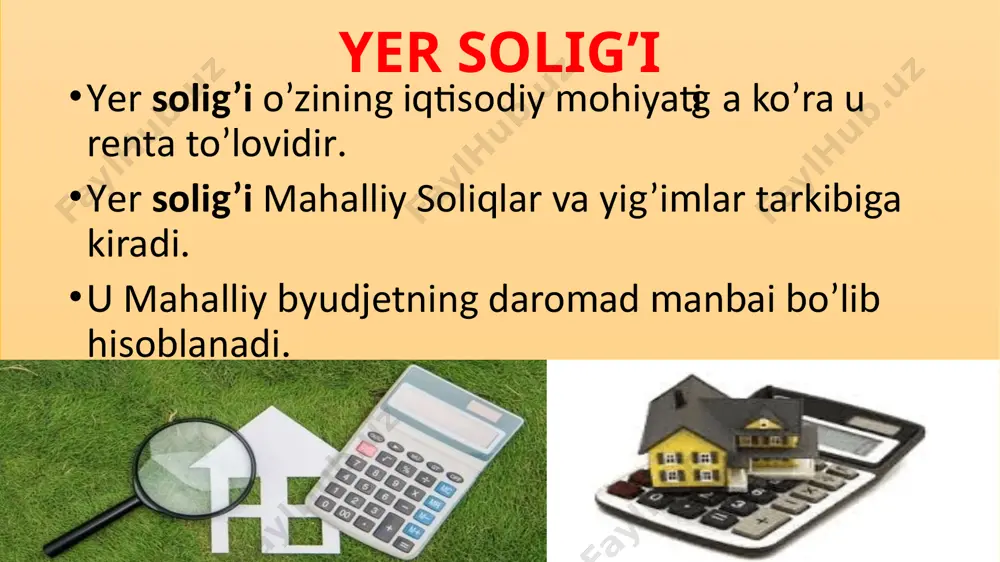 eb yuritiladi) soliq solish obyektidir: 1) jismoniy shaxslarga qishloq xo‘jaligi maqsadlari uchun, shuningdek dehqon xo‘jaligini yuritish uchun belgilangan tartibda berilgan yer uchastkalari; 2) yakka tartibda uy-joy qurilishi uchun belgilangan tartibda berilgan yer uchastkalari; 3) jamoa bog‘dorchiligi, uzumchiligi va polizchiligini yuritish uchun berilgan, shuningdek yakka tartibdagi va jamoa garajlari egallagan yer uchastkalari; 4) xizmat yuzasidan berilgan chek yerlar; 5) meros bo‘yicha, hadya qilinishi yoki sotib olinishi natijasida uy-joy va imoratlar bilan birgalikda mulk huquqi, egalik qilish va foydalanish huquqi ham o‘tgan yer uchastkalari; 6) qonunchilikda belgilangan tartibda mulk qilib sotib olingan yer uchastkalari; 7) tadbirkorlik faoliyatini yuritish uchun foydalanishga yoki ijaraga berilgan yer uchastkalari. ko‘p kvartirali uylar egallagan yer uchastkalari soliq solish obyekti bo‘lmaydi, tadbirkorlik faoliyatini yuritish uchun foydalanishga yoki ijaraga berilgan yer uchastkalari va ko‘p kvartirali uylarda joylashgan yashash uchun mo‘ljallanmagan ko‘chmas mulk obyektlari mustasno. soliq solish obyekti ko‘chmas mulkka bo‘lgan huquqlarni davlat ro‘yxatidan o‘tkazishni amalga oshiruvchi organning ma’lumotlari bo‘yicha …