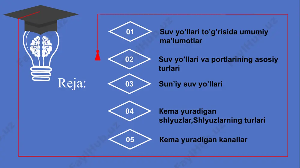 ’l vagonlariga nisbatan ko’pligi. 2. suv yo’llari va portlarining asosiy turlari suv transporti suv yo’llari orqali portlar orasida yuk va yo’lovchilarni tashishni bajaradi. yuklarni asosiy qismi va yo’lovchilar suv yo’lida har-xil kemalar yordamida tashiladi. faqat ayrim o’rmon yuklari, etarli oqish xususiyatiga ega bo’lgan, suv yo’llari orqali oqizib olib keltiriladi. suv yo’llari - deb undan yuk va yo’lovchilar tashish uchun fodalaniladigan suv maydoni (okeanlar, dengizlar, ko’llar hamda daryo suv inshootlari orqali hosil qilinadigan suv omborlari) va suv oqimlariga (daryo uning irmoqlari va kanallar) aytiladi. portlar – deb yuklarni tushirish, yuklash va boshqa ish jarayonlarini bajarish uchun maxsus jixozlangan gidrotexnika va qirg’oq inshootlari majmuasiga aytiladi. suv yo’llari tashqi va ichki yo’llarga portlar esa-dengiz va daryo portlariga bo’linadi. 5 tashqi suv yo’llari-dengiz va okeanlar - chuqur bo’lganligi uchun asosan tabiiy holda ishlatiladi faqat qirg’oqda port atroflarida suvning chuqurligi kema yurishi uchun etarli bo’lmagan sayoz joylarda sun’iy suv yo’llari dengiz kanallari quriladi. masalan, bunga …