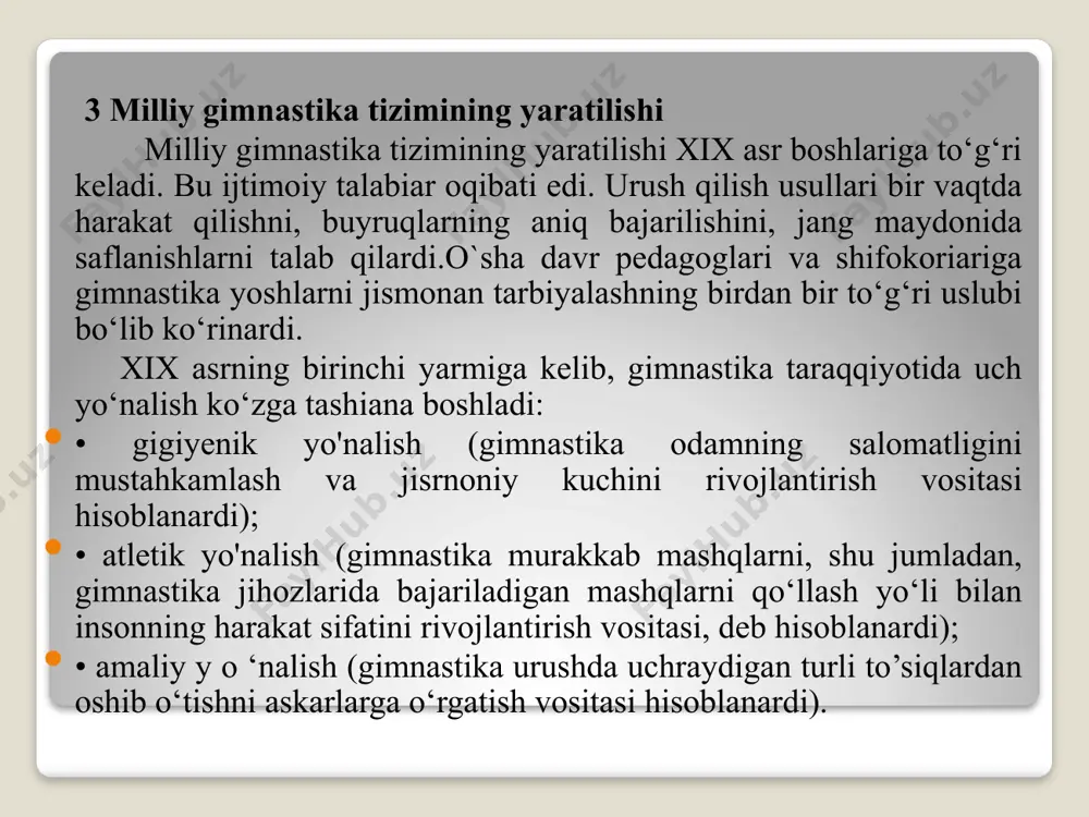 metodikasi. o‘quv qo‘llanma– tashkent, ilm-ziyo - 2016 y 3.sultonov gimnastika sog‘lomlashtiruvchi, rivojlantiruvchi vosita. toshkent 2007 4.b.x.usmonov, gimnastika darslarida innovatsion texnalogiyalar. toshkent 2013 5.q.q.yo‘ldoshev gimnastika darslarida hayotiy zarur harakat malakalarini shakllantirish (o‘quv qo‘llanma) toshkent 1995 6.p.edwards m.a. gymnastics, london, the royal navy, 1999. tavsiya qilinadigan qo‘shimcha adabiyotlar 1.morgunova i.i. gimnastika va uni o‘qitish metodikasi – tashkent, ilm-ziyo - 2011 y 2.эфименко a.и., йўлдaшев қ.қ., умaров м.н. гимнaстикa дaрсининг сaмaрaлигини ошириш усуллaри. тaшкент, 1995 г 3.туленовa х.б., мaлининa н.н., иноземцевa л.a. умумривожлaнтирувчи мaшқлaрни (урм) ўргaтиш методикaси. тaшкент, 2005 й. 4.сушко г.к. гимнaстикa и методикa её преподaвaния. учебное пособие e`tiboringiz uchun raxmat /docprops/thumbnail.jpeg
