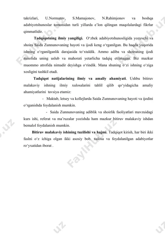 nilgan adabiyotlar ro‘yxatidan iborat . i. bob saida zunnunovaning nasriy asarlaridagi o‘ziga xos uslub. i. 1 hikoya janrida ijodkorning g‘oyaviy konsepsiyasi. saida zunnunova lirikada yetuk asarlar yaratishdan tashqari nasrda ham barakali ijod qildi. uning hikoyalarida ishchilar hayoti, oila, turmush va jamiyatdagi turli masalalar yoritilgan. sevgi, muhabbat, vafo, sadoqat, e’tiqod kabilar asosiy masalalar sifatida bo‘y ko‘rsatib turadi. aksariyat hikoyalarining bosh qahramonlari ayollar bo‘lib, ularning jamiyatdagi faolligi va oiladagi o‘rnining mutanosibligi masalasi qalamga olinadi. ma’lumki, o‘zbek adabiyoti hikoyachiligining taraqqiyotida ajoyib hikoya ustalari a.qodiriy, a.qahhor, g‘.g‘ulom, oydin, said ahmad va boshqa yozuvchilarning xizmatlari katta. hikoya janri o‘zbek adabiyotida jamiyat taraqqiyoti bilan hayot, turmush voqealarining o‘sishi bilan rivojlana bordi. o‘tgan asrda adabiyotimizda hikoyachilik janrida qalam tebratuvchi yozuvchilar soni kun sayin oshib bordi. keyinchalik safga qo‘shilgan s.anorboev, mirmuxsin, shuhrat, rahmon fayziy, hakim nazir, saida zunnunovalar yangi – yangi hikoyalar yaratdilar. ular asosan zamonaviy mavzuga murojaat qildilar. yozuvchilarimiz badiiy shaklga jiddiy e’tibor berib, mahoratlarini oshira bordilar. …