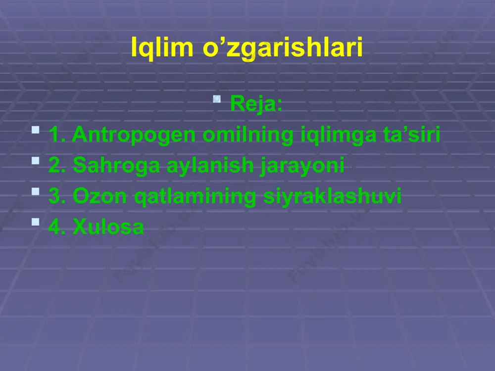 ning ko‘p yillik rejimi asosida aniqlanadi. iqlim tabiatga va insonlarning xo‘jalik faoliyatiga ob-havo sharoitlari bilan ta’sir qiladi, turli iqlimli hududlarning ob-havo sharoitlari bir-biridan farq qiladi. er sharining turli joylarida tabiiy ravishda tarqalgan o‘rmonlarning turlari ham ob-havo sharoitlariga bog‘liq. iqlim o’zgarishi sababli - suv yig’ilishining shakllanish strukturasi o’zgaradi. tog’ qor va muzlarining modellashtirilgan hisoblab chiqishlari turli xil iqlim stsenariyalarida ularning umumiy qisqarishini ko’rsatdi. erigan qor suvining hissasi qisqarishi, yomg’ir suvining hissasi ortishi kutilmoqda. qor-yomg’ir ozuqa xiliga taaluqli daryolar uchun bahor daryo toshqini vaqti tahminan 1 oyga suriladi. yevropa iqlimi shakllanishida bevosita uning geografik o`rni, orografik tuzilishi juda katta ahamiyatga ega. jumladan uni atlantika okeani xavzasida joylashganligi okeandagi iliq oqimning mavjud ekanligi hamda xududning shimoliy-sharqiy tomon kengayib borishi xudud iqlimini o`ziga xos tarzda shakllanishiga sabab bo`ladi. xudud iqlimini shakllanishida radiatsiyaning umumiy mikdori va radiatsiya balansini ahamiyati juda atta. xududda radiatsiya balansi va radiatsiya mikdori janubdan shimolga tomon kengayib boradi. sitsiliya va bolqonda …