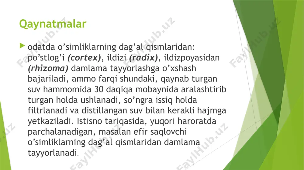 buyurilsin. rp.: olei jecoris aselli 20 ml gelatosae 10,0 aquae destillatae ad 200 ml m.f. emulsum d.s. kuniga 1 osh qoshiqdan 2 marta qabul qilinsin. qisqartirilgan shakl: rp.: emulsi olei jecoris aselli 20 ml – 200 ml d.s. kuniga 1 osh qoshiqdan 2 marta qabul qilinsin dorivor yig’malar (species) dorivor yig’malar bosh kelishik ko’plik sonda – species, qaratqich kelishik ko’plik sonda – specierum. dorivor yig’malar maydalangan yoki butun o’simlik ashyolarining aralashmasi bo’lib, ba’zi hollarda ularga tuzlar, efir va boshqa moddalar qo’shiladi. ular damlama va qaynatmalar shaklida ichish uchun, vanna, chayqash, yuvish uchun va sirtga ishlatiladi. dorivor yig’malar oddiy va murakkab va / yoki qismlarga bo’lingan va bo’linmagan bo’ladi. ichish uchun tavsiya etiladigan murakkab dorivor yig’malar choy deb nomlanadi. dorivor yig’malar dorixonalardan umumiy miqdorda, ya’ni 50 g, 100 g, 150 g, 200 g dan chiqariladi. tarkibi va qabul qilish usuli ko’rsatilgan holda qog’oz qutichalar va xaltachalarda chiqariladi. tarkibida zaharli va kuchli …