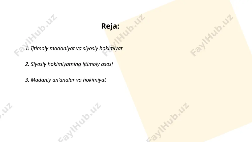n'analar va hokimiyat uzbek jamiyati hayotida muhim rol o'ynaydi. o'zbekiston tarixi davomida turli madaniyatlar va hukmronliklar ta'sirida, an'analar shakllanib kelgan. an'anaviy oila tuzilishi, mehmondo'stlik, va yoshi ulug'larni hurmat qilish kabi qadriyatlar saqlanib qolgan. hokimiyat tizimi mustaqillikka erishgandan so'ng rivojlandi, unda prezidentlik instituti va parlament mavjud. oliy majlis (parlament) ikki palatalardan iborat: qonunchilik palatasi va senat. axborot texnologiyalari va iqtisodiy o'sish ham madaniy dinamizmga ta'sir ko'rsatmoqda, lekin an'anaviy qadriyatlar hanuzgacha jamiyatda muhim o'ringa ega. ... t.me/slaydai_bot 4. ijtimoiy norma va hokimiyat ijtimoiy norma va hokimiyat jamiyatdagi xulq-atvorni tartibga soluvchi qoidalar to'plamini anglatadi. ijtimoiy normaning uch xil turi mavjud: yozilgan normativ qoida, yozilmagan ijtimoiy qoidalar va madaniy urf-odatlar. hokimiyat esa jamiyatda qonunlarni tatbiq etish va ijtimoiy normalarga rioya qilishni ta'minlash uchun zarur. hokimiyat turi uchta: siyosiy hokimiyat (davlat organlari tomonidan amalga oshiriladigan), iqtisodiy hokimiyat (resurslar nazorati bilan bog'liq) va ijtimoiy hokimiyat (ijtimoiy munosabatlar yuzasidan). hokimiyat ijtimoiy normalarga rioya qilishni yo'naltiradi va o'zaro …