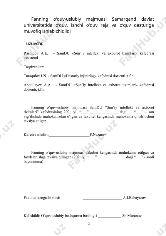 boyicha tuzilgan bo`lib, bo`lajak kasb egasi egallashi kerak bo`lgan quyidagi bilimlar va ko`nikmalar majmuini o`z ichiga oladi: web texnologiyalar, internet, web sayt va web loyihalar, ularning tuzilishi va ko’rinishi qanday bo’lishi, mijoz va server, mijoz tomon va server tomon dasturlash texnologiyalari va ularning farqlari, zamonaviy web dizayn va web dasturlash texnologiyalari va mexanizmlari. fanni oʻqitishdan maqsad - talabalarning kasbiy sohasida uchraydigan web texnologiyalar yani web dizayn, web dasturash, web manbalar yaratish, uni rivojlantirish va mavjud web manbalardan foydalanish sohasidagi muammolarni bartaraf etish yo’llarini o’rgatish, bo’lajak kadr sifatida yetuk mutaxassis bo’lib yetishi uchun yetarlicha bilimlar berishdan iborat. fanning vazifasi – talabalarga html gipertekst tili asoslari, web-sahifa va ma’lumotlar bazasiga web-interfeyslarni dasturlash uchun javascript, php dasturlash tillarini o’rgatishdan iborat. modul / fan sillabusi matematika fakulteti 5130200–amaliy matematika va informatika “tasdiqlayman” samdu oʻquv ishlari boʻyicha prorektori: __________ a.s.soleev “__”_______2022 yil m.oʻ. fan nomi: kompyuter garfikasi va web dizayn fan turi: majburiy fan kodi: …