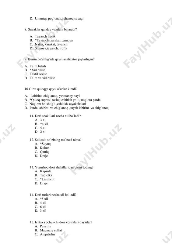 c. 6 xil d. 3 xil 15. ishtaxa ochuvchi dori vositalari qaysilar? a. pensilin b. magniziy sulfat c. ampitsilin d. *askorbinka 16. dori moddalarining tasir turlar9i necha turga bo`linadi? a. *8 b. 4 c. 6 d. 5 17. dori moddalarini qayta qaytadan yuborganda organizmda to`planib qolishi nima deyiladi? a. baland doza b. past doza c. *kumulyatsiya d. emulsiya 18. dori moddasining ma`lum bir miqdoriga nima deyiladi? a. meyor b. *doza c. dona 19. validol preparati qanday qabul qilinadi? a. *til ostida shimiladi b. suv bilan ichiladi c. sut bilan ichiladi d. surtiladi 20. malham so`zining ma`nosi nima? a. pulvis b. *unguentum c. draje d. tabletka 21. agglutinatsiya reaksiyasi 1 va 3 zardoblarda kuzatilsa qon nechanchi guruxga mansub? a. o(i) b. *a(ii) c. b(iii) d. ab(iv) 22. agglutinatsiya reaksiyasi 1 va 2 zardoblarda kuzatilsa qon nechanchi guruxga mansub? a. o(i) b. a(ii) c. *b(iii) d. ab(iv) 23. umumiy yiningli infeksiya bu? …