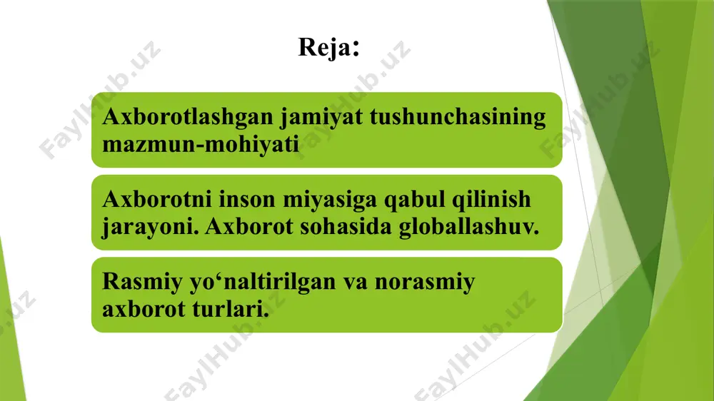 n yangi axborot turi. taktil va organoleptik – biz sezgi a’zolarimiz orqali qabul qiladigan har qanday axborot: eshitish, hidlash va his etish organlari vositasida. axborotning xususiyatlari - grafik: rasmlar, slaydlar, xaritalar, chizmalar ko’rinishida; - matniy: tilimizning, fikrlarning harflar yordamida o’tkazilishi; - tovushli: tovushli tashuvchi yoki retranslyator bo’lgan hammasi, – plastinkalar, disklar, fleshkalardan boshlab radio va mp3 gacha; - raqamli: raqamlar bilan kodlangan axborot, – puldan boshlab uzunlik o’lchovlarigacha, og’irlikdan boshlab iqtisodiy va matematik tushunchalargacha; - videoaxborot: har qanday rolik, film; - virtual: butun intenet olami – videoo’yinlardan boshlab ijtimoiy tarmoqlargacha . mavzuni mustahkamlash uchun savollar: 1.qadriyat tushunchasi nima? 2. medialarning tarbiyaviy ahamiyati? 3.media o‘zlikni anglashni shakllantirish omillari? image1.jpeg image2.jpg image3.jpeg image4.jpeg /docprops/thumbnail.jpeg
