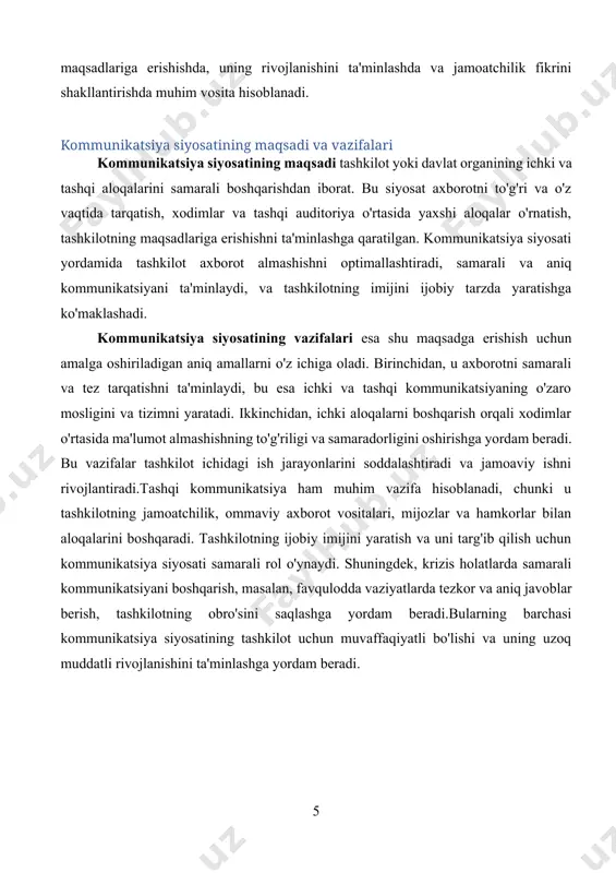 dim etish ham muhim bosqich hisoblanadi. tashkilot kommunikatsiya siyosatini amalga oshirish uchun kerakli texnik vositalar, tizimlar, axborot platformalari va moliyaviy resurslarni taqdim etishi kerak. shuningdek, xodimlar uchun kommunikatsiya jarayonlarini boshqarish bo'yicha treninglar va o'quv dasturlarini tashkil etish zarur. oxirgi bosqichda, ishlab chiqilgan kommunikatsiya siyosati tashkilotning rahbariyati va boshqa muhim tomonlar tomonidan ko'rib chiqilib, tasdiqlanishi kerak. bu jarayon, siyosatning barcha jihatlarini batafsil muhokama qilish va kerakli o'zgarishlar kiritishni ta'minlaydi. shu tarzda, kommunikatsiya siyosatini yaratish va amalga oshirish jarayoni, samarali kommunikatsiya jarayonlarini tashkil etish va tashkilotning maqsadlariga erishishga yordam beradigan muhim qadamlarni o'z ichiga oladi. kommunikatsiya siyosatini yaratish va amalga oshirish jarayonining keyingi bosqichlari, siyosatning muvaffaqiyatli joriy etilishi va uning samaradorligini ta'minlashga qaratilgan. siyosat amalga oshirilgach, uning samaradorligini kuzatish va baholash muhim ahamiyatga ega. bu bosqichda, kommunikatsiya jarayonlarining qanday ishlashini, ichki va tashqi aloqalarning samaradorligini tahlil qilish kerak. buning uchun, statistik ma'lumotlar, xodimlar va mijozlarning fikr-mulohazalarini to'plash, o'zgarishlarni monitoring qilish zarur. bu …