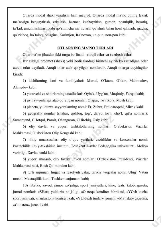 i kabi; 7) ilmiy muassasalar, oliy o`quv yurtlari, vazirliklar va korxonalar nomi: paxtachilik ilmiy-tekshirish instituti, toshkent davlat pedagogika universiteti, moliya vazirligi, davlat banki kabi; 8) yuqori mansab, oliy faxriy unvon nomlari: o`zbekiston prezidenti, vazirlar mahkamasi raisi, bosh qo`mondon kabi; 9) turli anjuman, hujjat va rezolyutsiyalar, tarixiy voqealar nomi: ulug` vatan urushi, mustaqillik kuni, toshkent anjumani kabi; 10) fabrika, zavod, jamoa xo`jaligi, sport jamiyatlari, kino, teatr, kitob, gazeta, jurnal nomlari: «sharq yulduzi» xo`jaligi, «o`rtoq» konditer fabrikasi, «yosh kuch» sport jamiyati, «turkiston» kontsert zali, «yulduzli tunlar» romani, «ma’rifat» gazetasi, «guliston» jurnali kabi. atoqli otlar, odatda, bosh harf bilan yoziladi, shuningdek, ko`plik son shaklida qo`llanmaydi. shu xususiyatlari bilan turdosh otlardan farq qiladi. bir turdagi predmet, hodisalarning umumlashtiruvchi nomi turdosh ot deyiladi: stol, kitob, tanbur, baxt, g`oya, anjuman kabi. turdosh otlar atoqli otlarga nisbatan ko`p miqdorni tashkil etadi. turdosh otlar kichik harf bilan yoziladi. atoqli otlar turdosh otlarga yoki aksincha, turdosh otlar atoqli otga …
